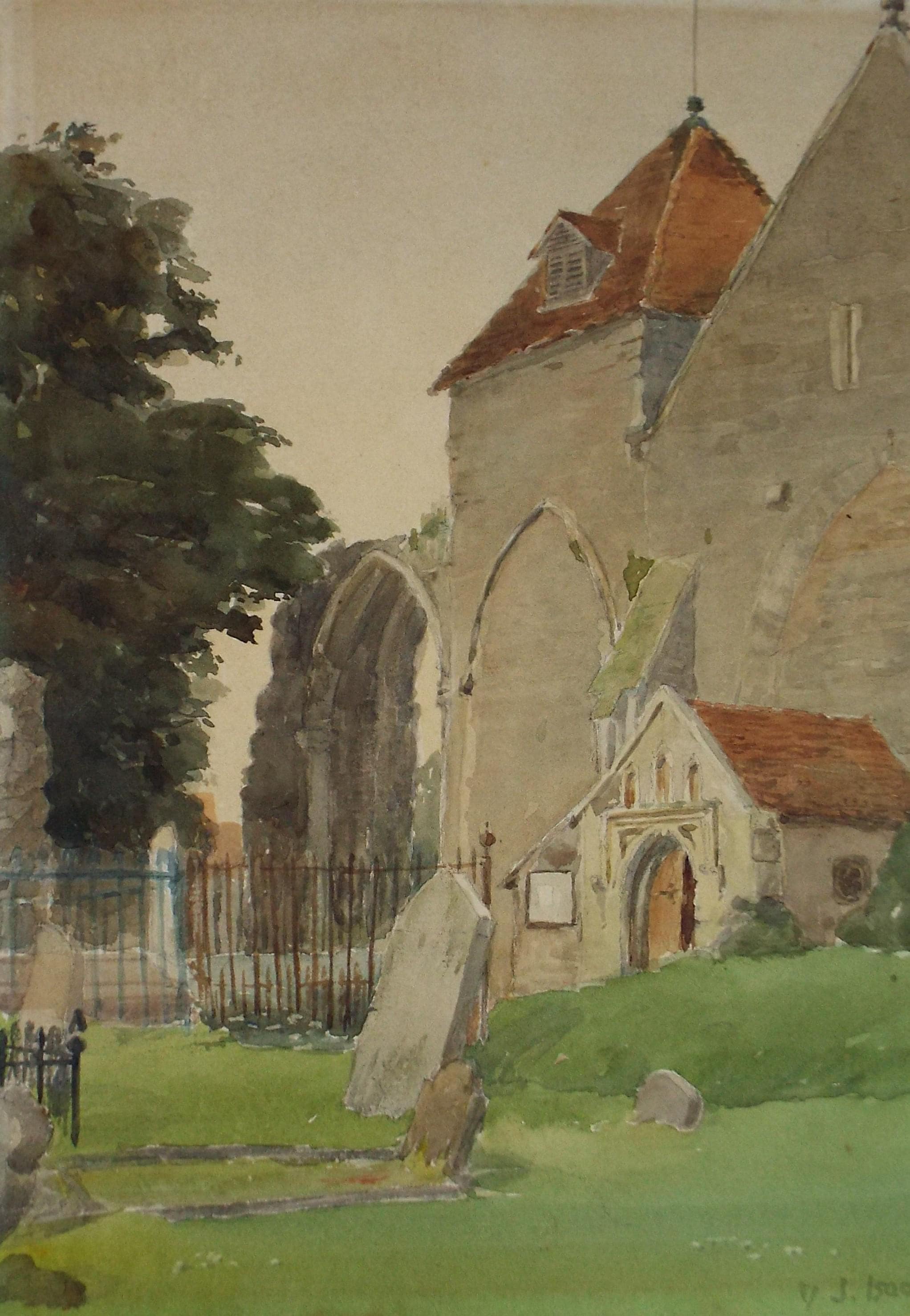 Original Watercolour, 'Church Study', Circa 1930's, V J Isaac