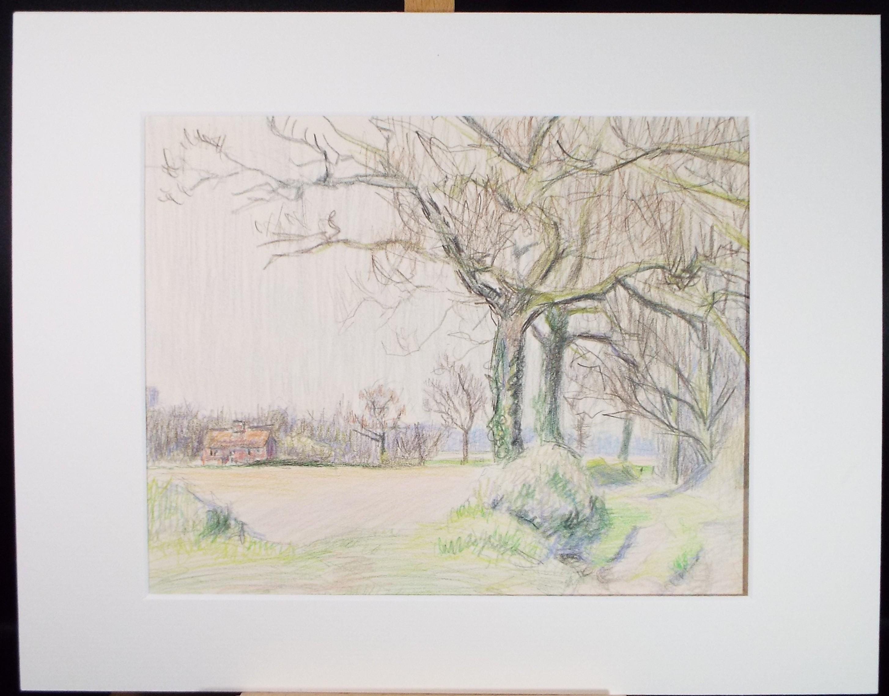 Coloured Pencil drawing 'Cottage in Farmland', Pauline Plummer (b1933), Circa 1990's