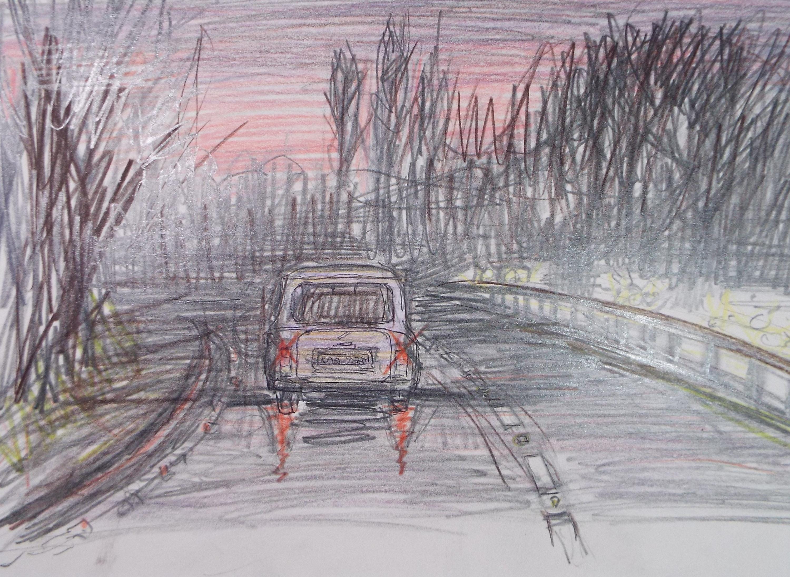 Coloured Pencil drawing 'Wet night on the Motorway', Pauline Plummer (b1933), Circa 1990's