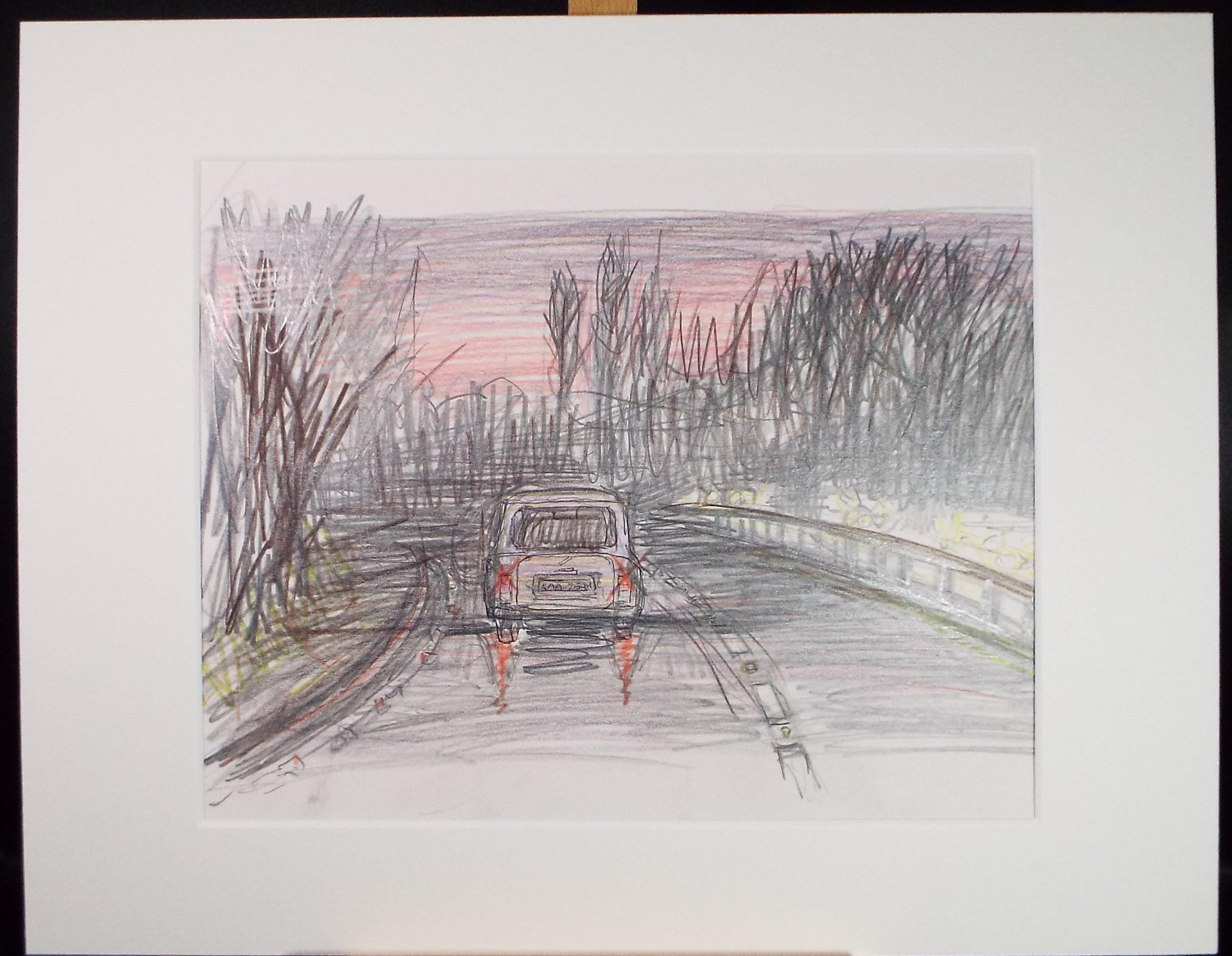 Coloured Pencil drawing 'Wet night on the Motorway', Pauline Plummer (b1933), Circa 1990's