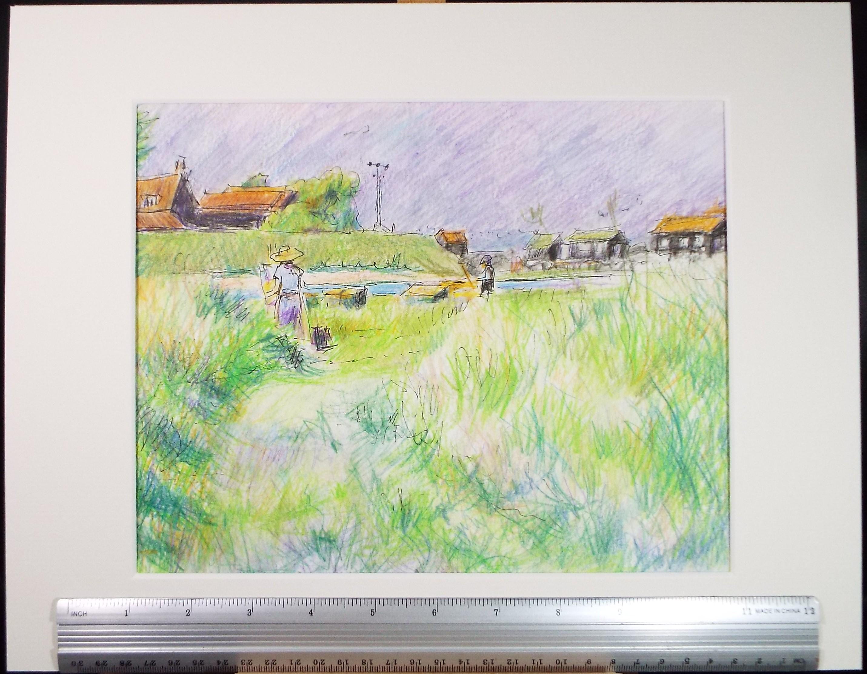 Coloured Pencil drawing 'Working the Land', Pauline Plummer (b1933), Circa 1990's