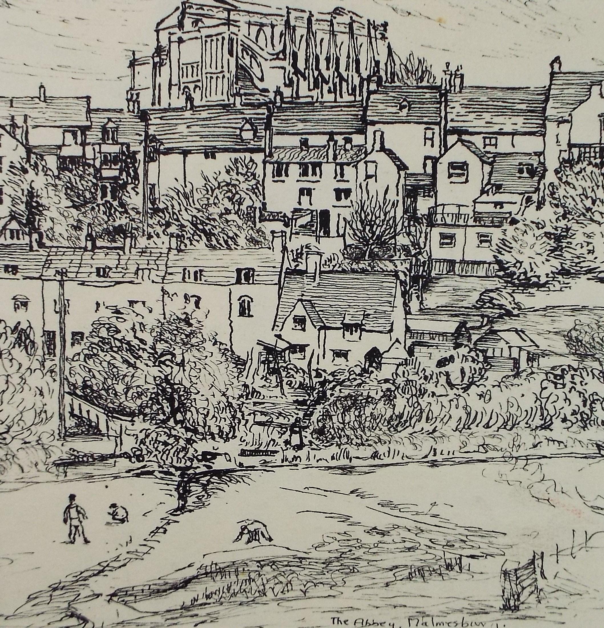 Original Pen & ink Sketch, 'The Abbey, Malmesbury', Unknown Artist, circa 1950's