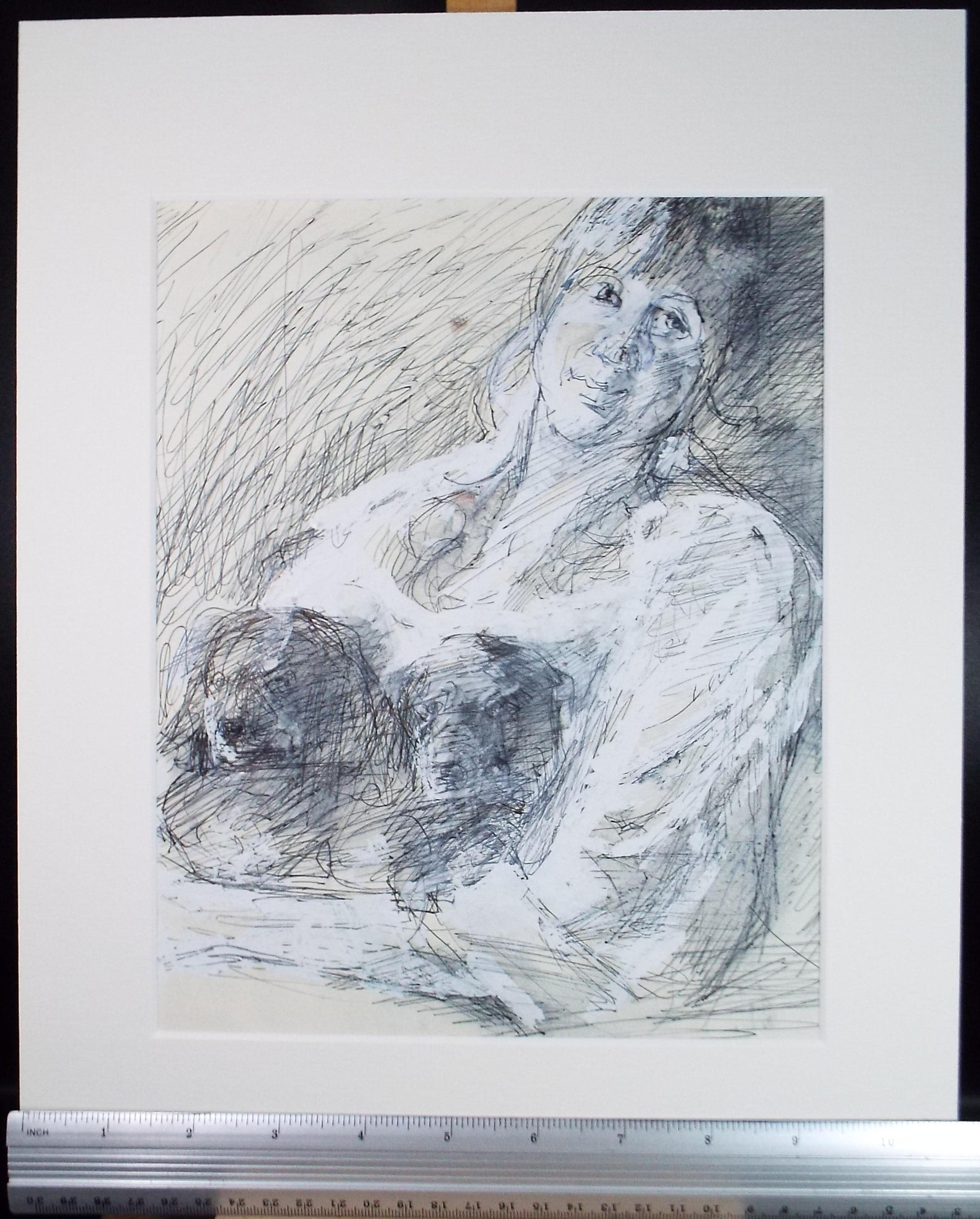 Original Mixed Media, 'Woman with dogs', John Gilbey Bowles (1929-2011), Circa 1990's