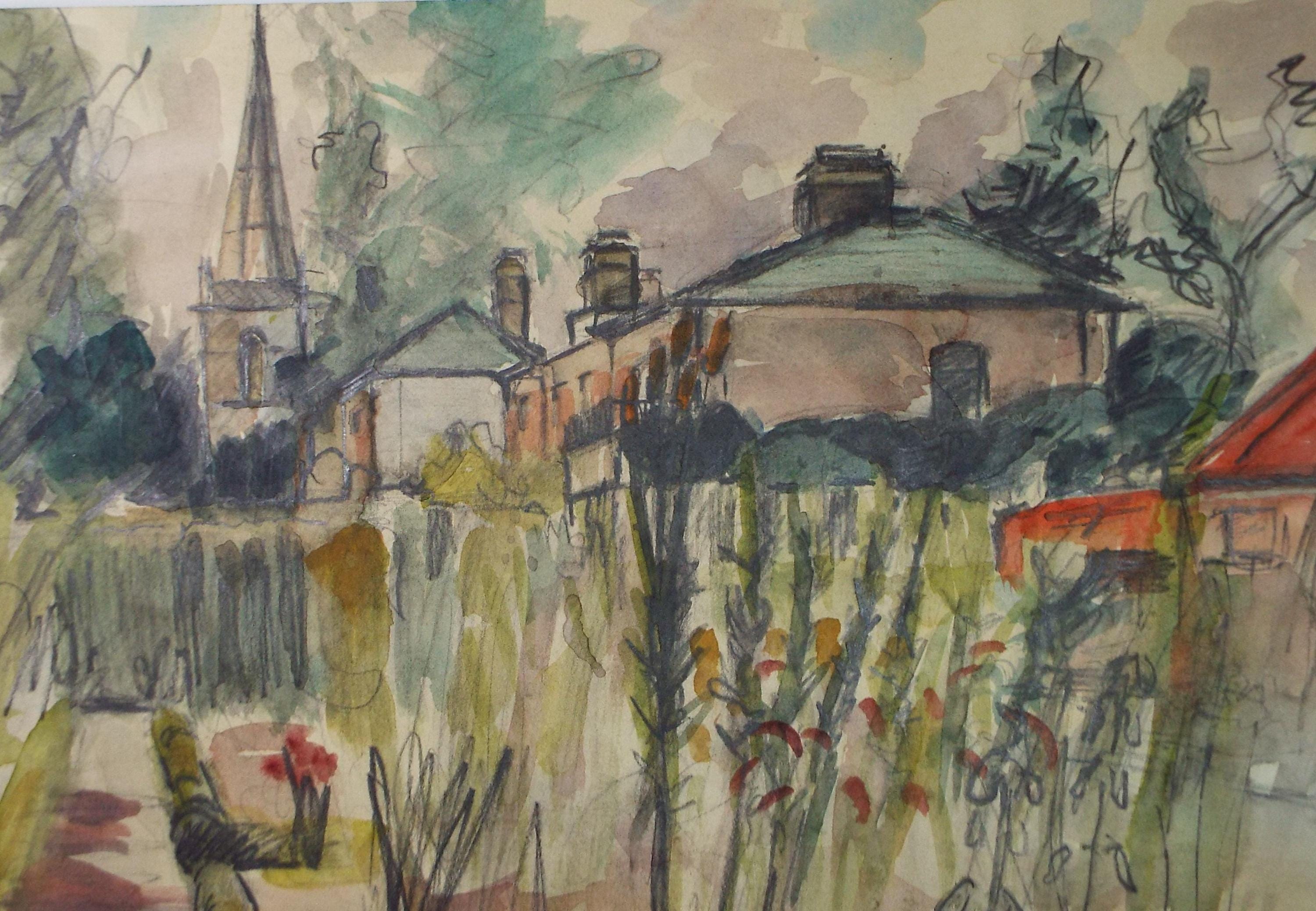 Original Watercolour,'Village scene & cottage garden', Unknown artist, Circa 1960's