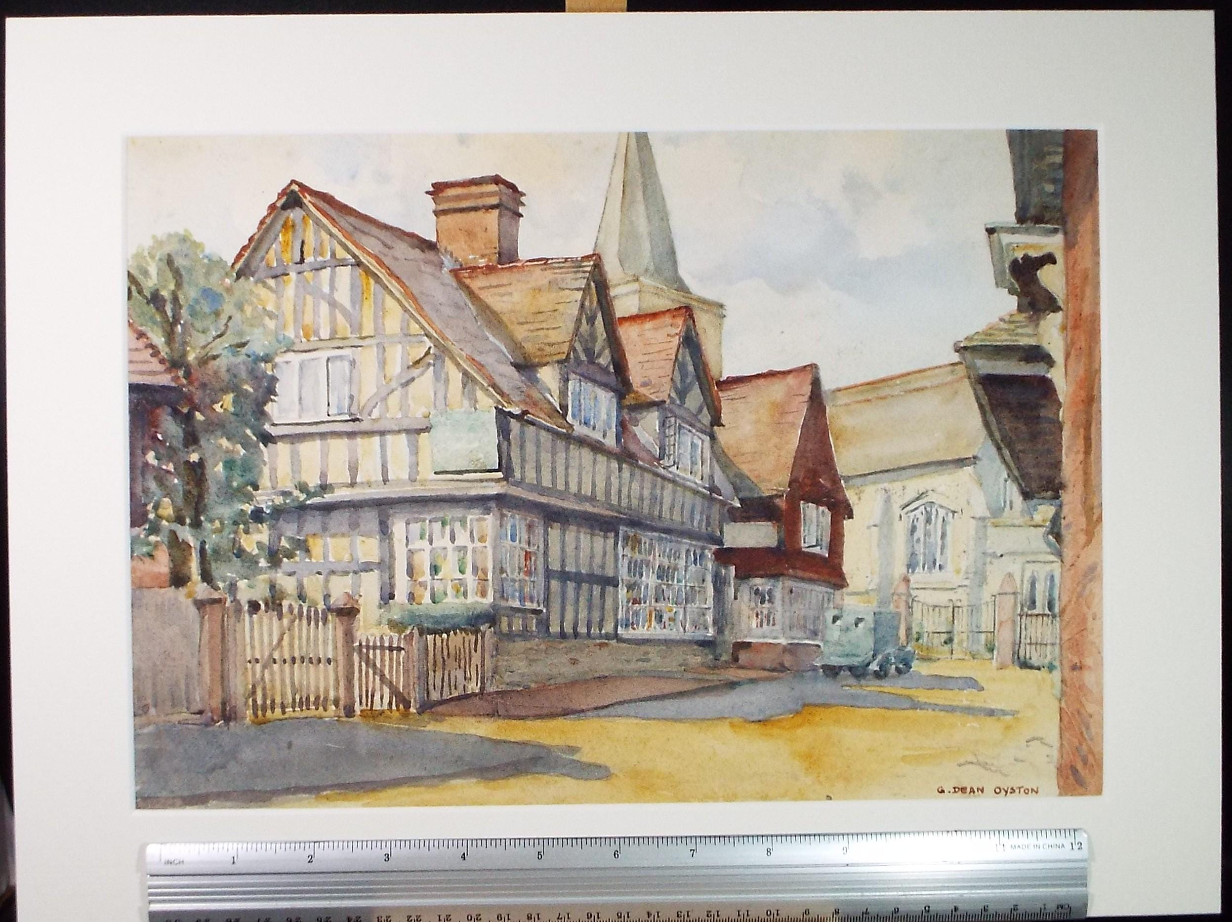 Original Watercolour, 'Half timbered street scene with church', G, Dean Oyston, Circa 1950's