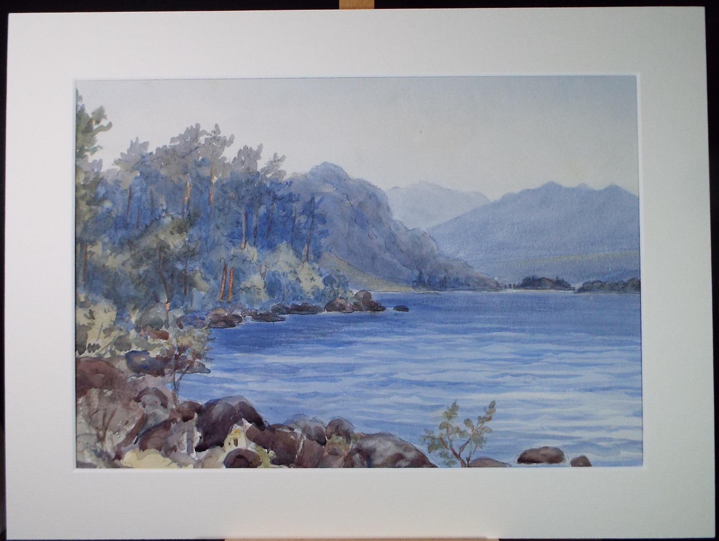 Original Watercolour, 'Lake scene in blue', c1950's, Unknown Artist