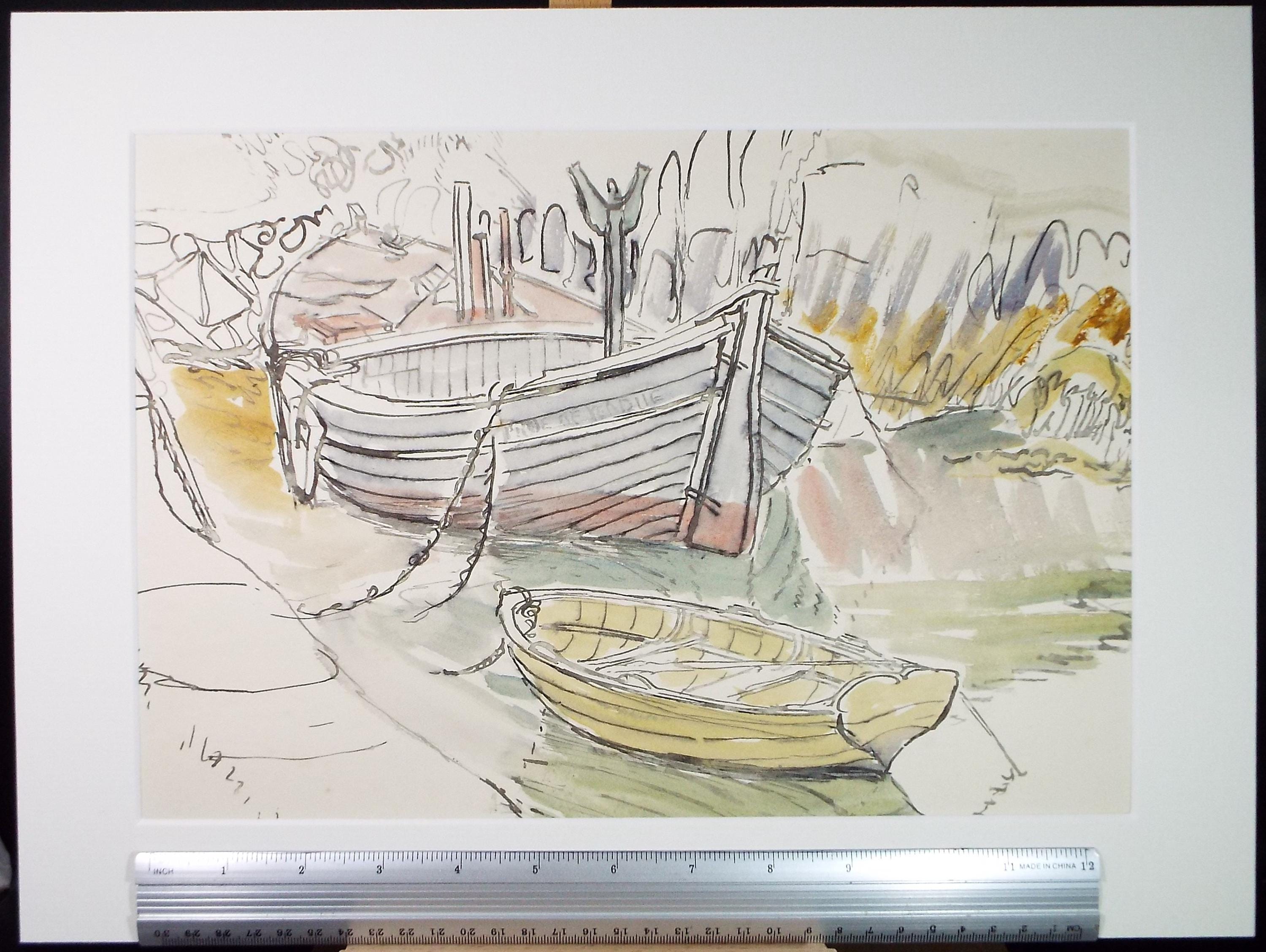 Original Watercolour, 'Boats on the Shore - Donegal',circa 1970's, Artist Unknown