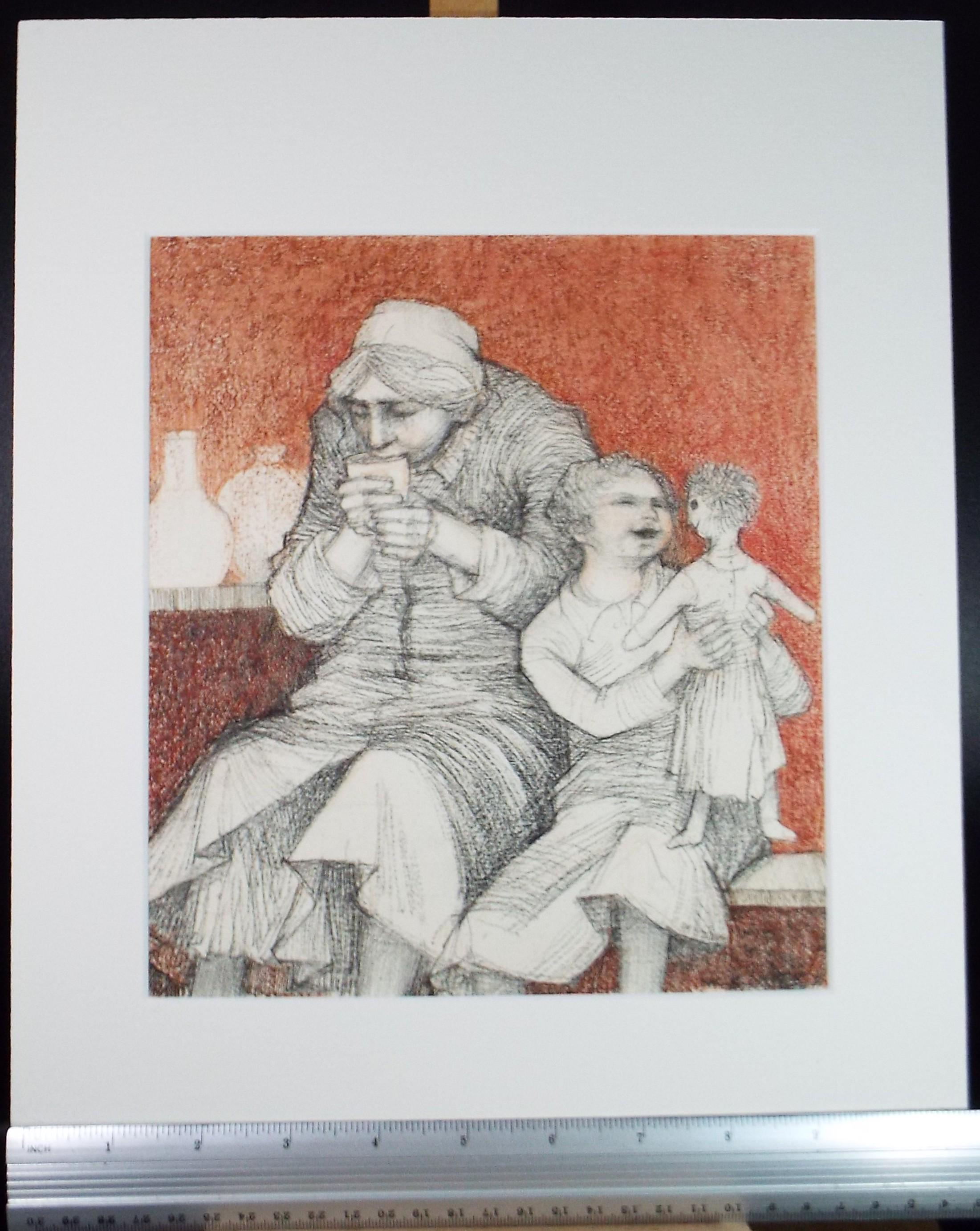 Original Coloured pencil drawing, 'Granny & Granddaughter', c1990s,Alice Mary Fitzpayne (b.1928)