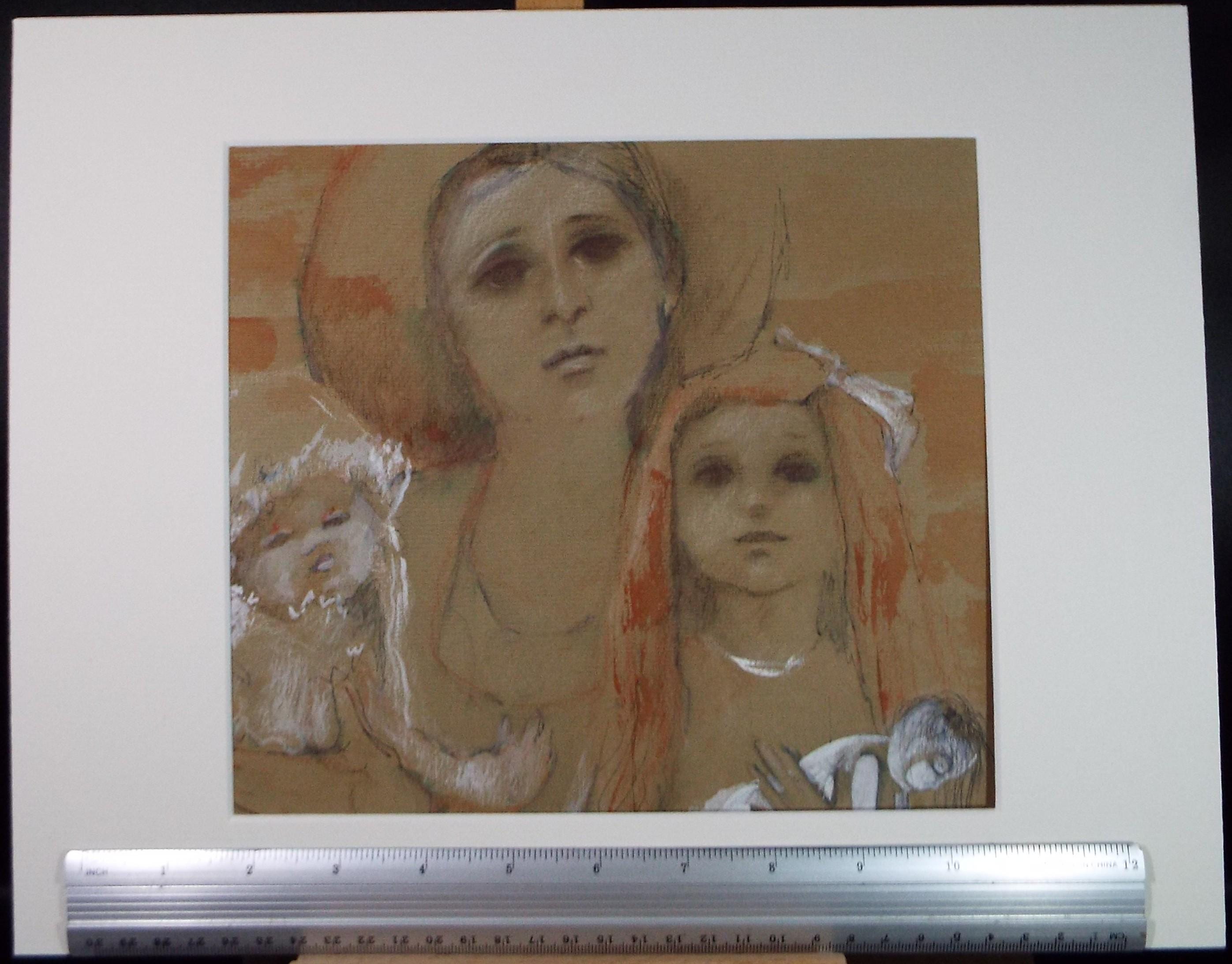 Original Watercolour, 'Mother and Daughters', Unknown artist, Circa 1990's