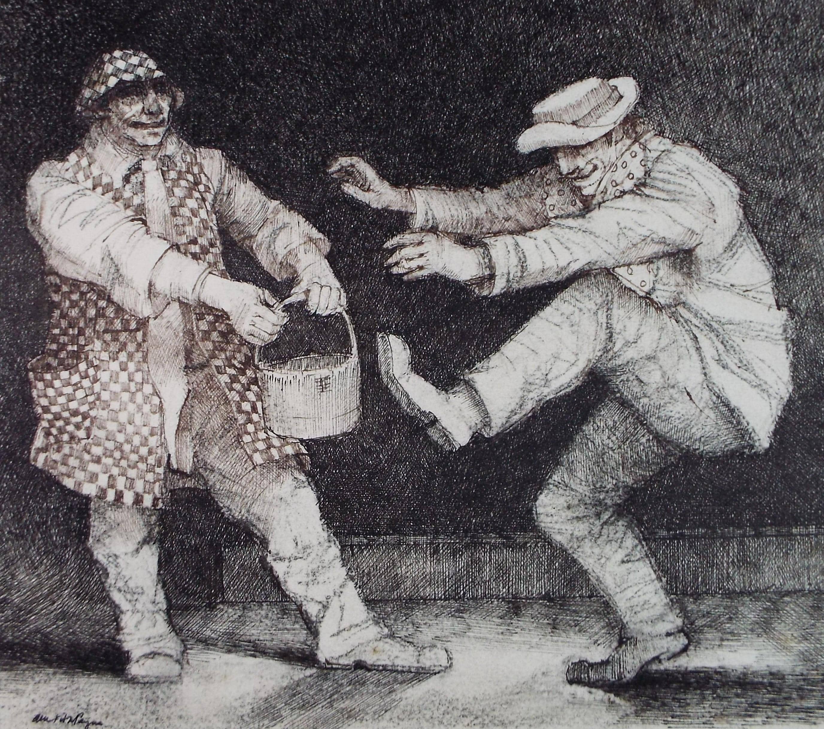 Original Coloured pencil and ink drawing, 'Two Clowns'', c1990s,Alice Mary Fitzpayne (b.1928)