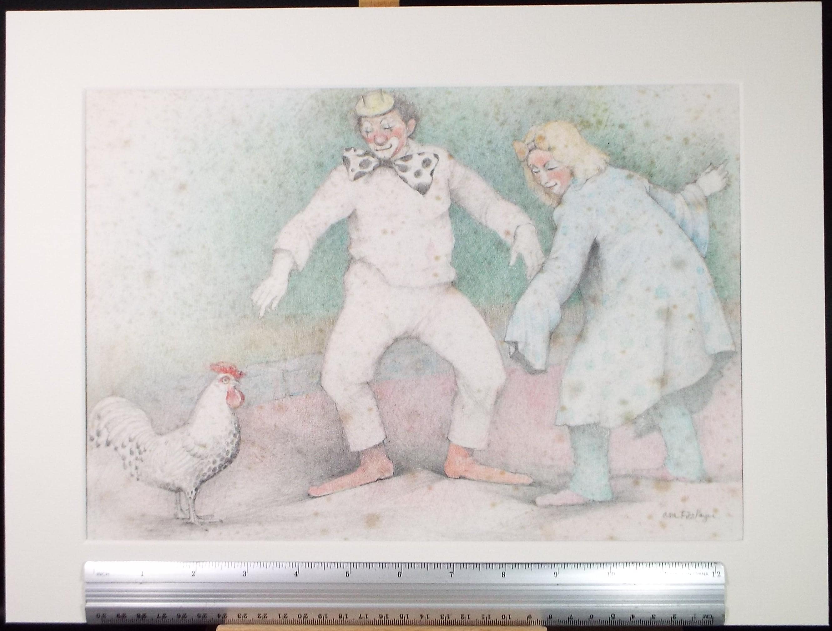 Original coloured pencil Drawing, 'Clowns and A Rooster', c1990s,Alice Mary Fitzpayne (b.1928)