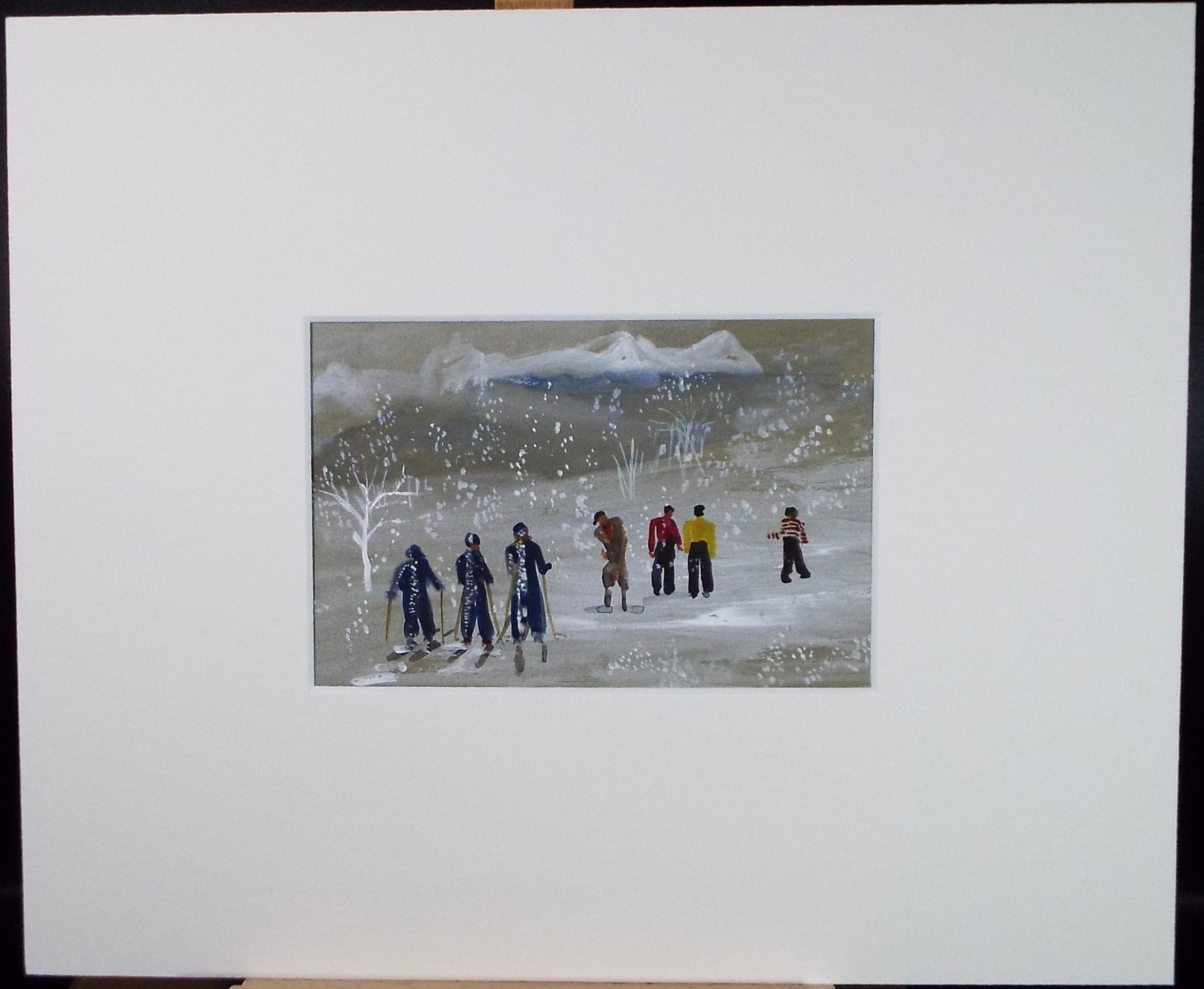 Original Watercolour, 'Alpine Village with Skiers;' c1930's, Unknown Artist