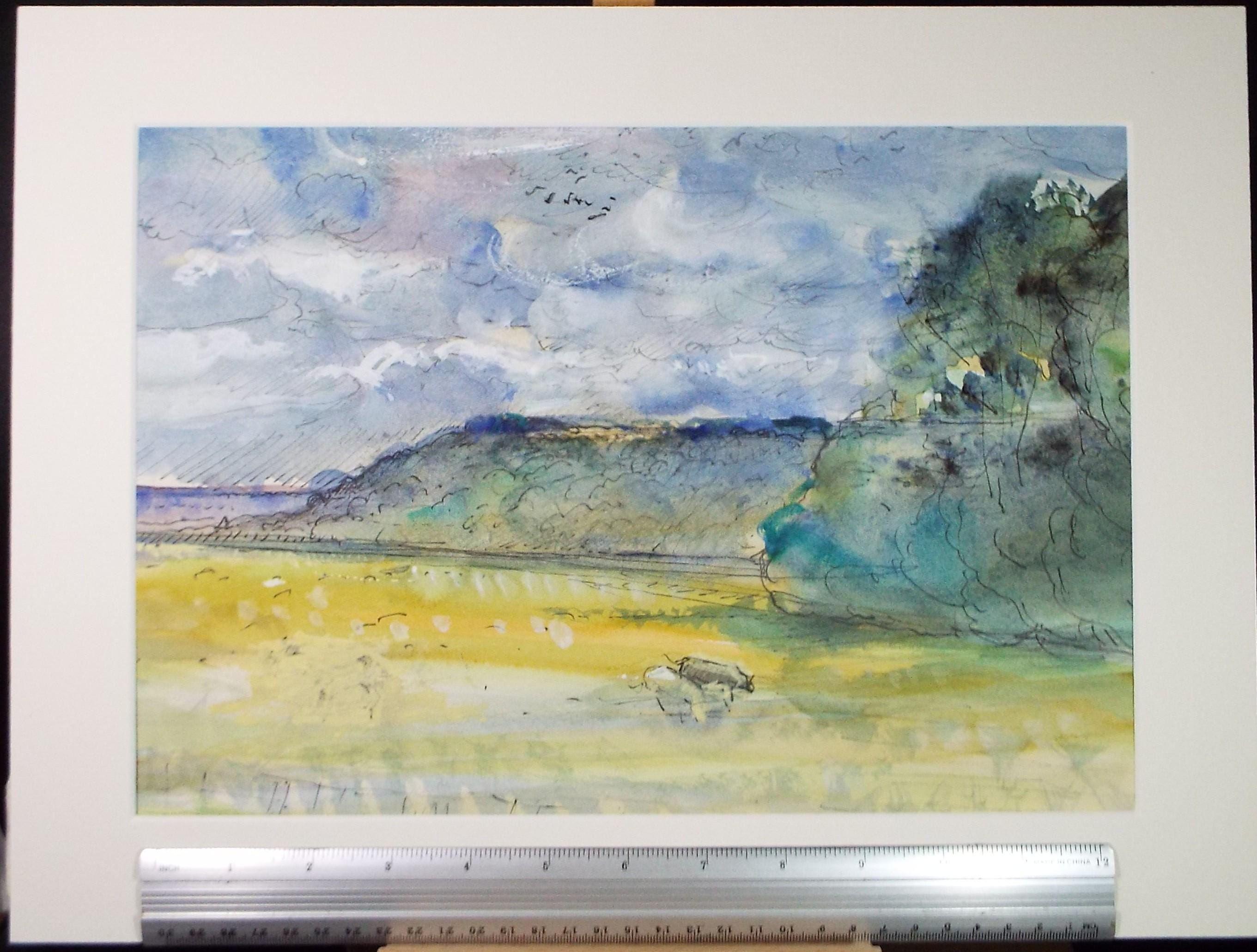 Original Watercolour & ink, 'Landscape with Cattle' - John Gilbey Bowes (1929-2011), Circa 1990's