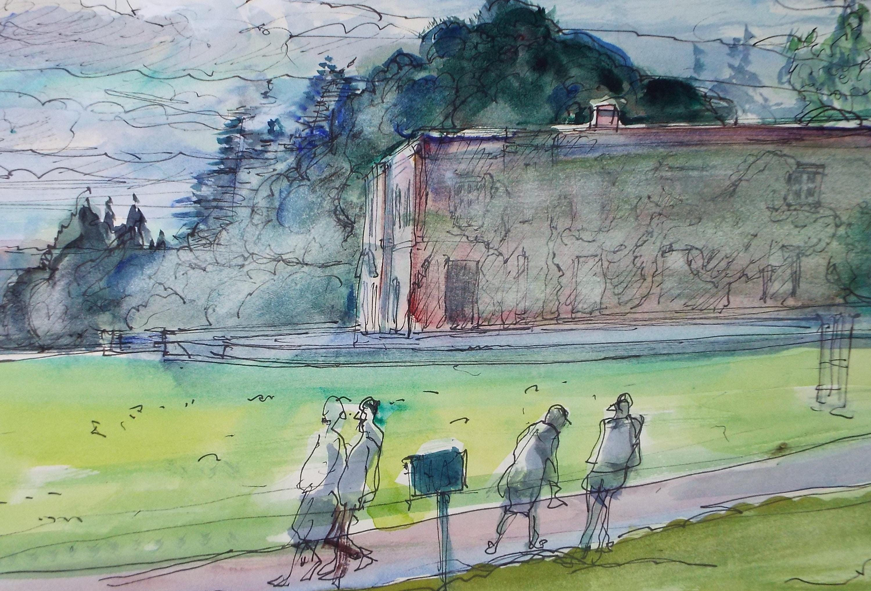 Original Watercolour & Ink, 'Stately home with figures', John Gilbey Bowes (1929-2011), Circa 1990's