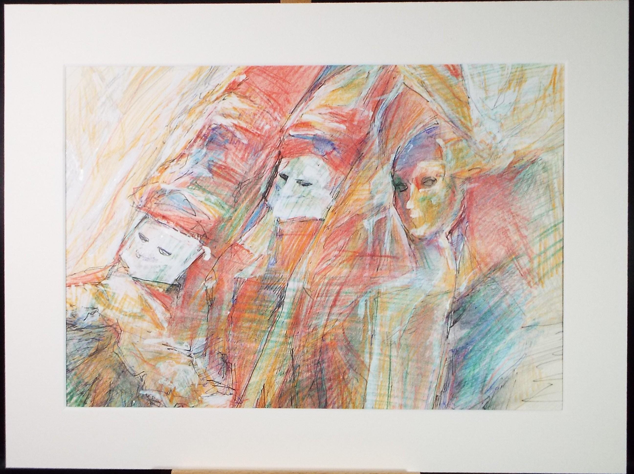 Original Coloured pencil with white, 'Three Figures', John Gilbey Bowes (1929-2011), Circa 1990's