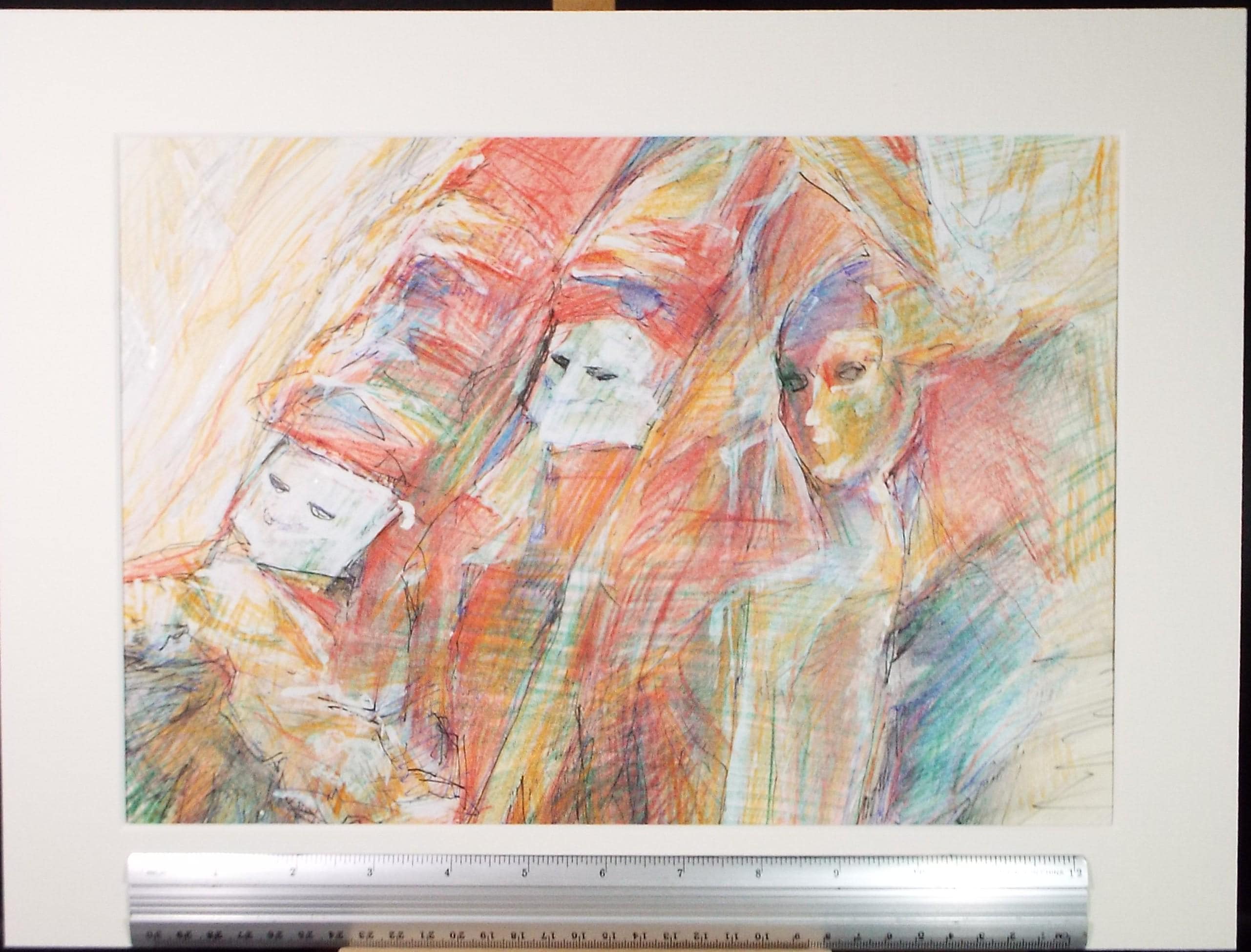 Original Coloured pencil with white, 'Three Figures', John Gilbey Bowes (1929-2011), Circa 1990's