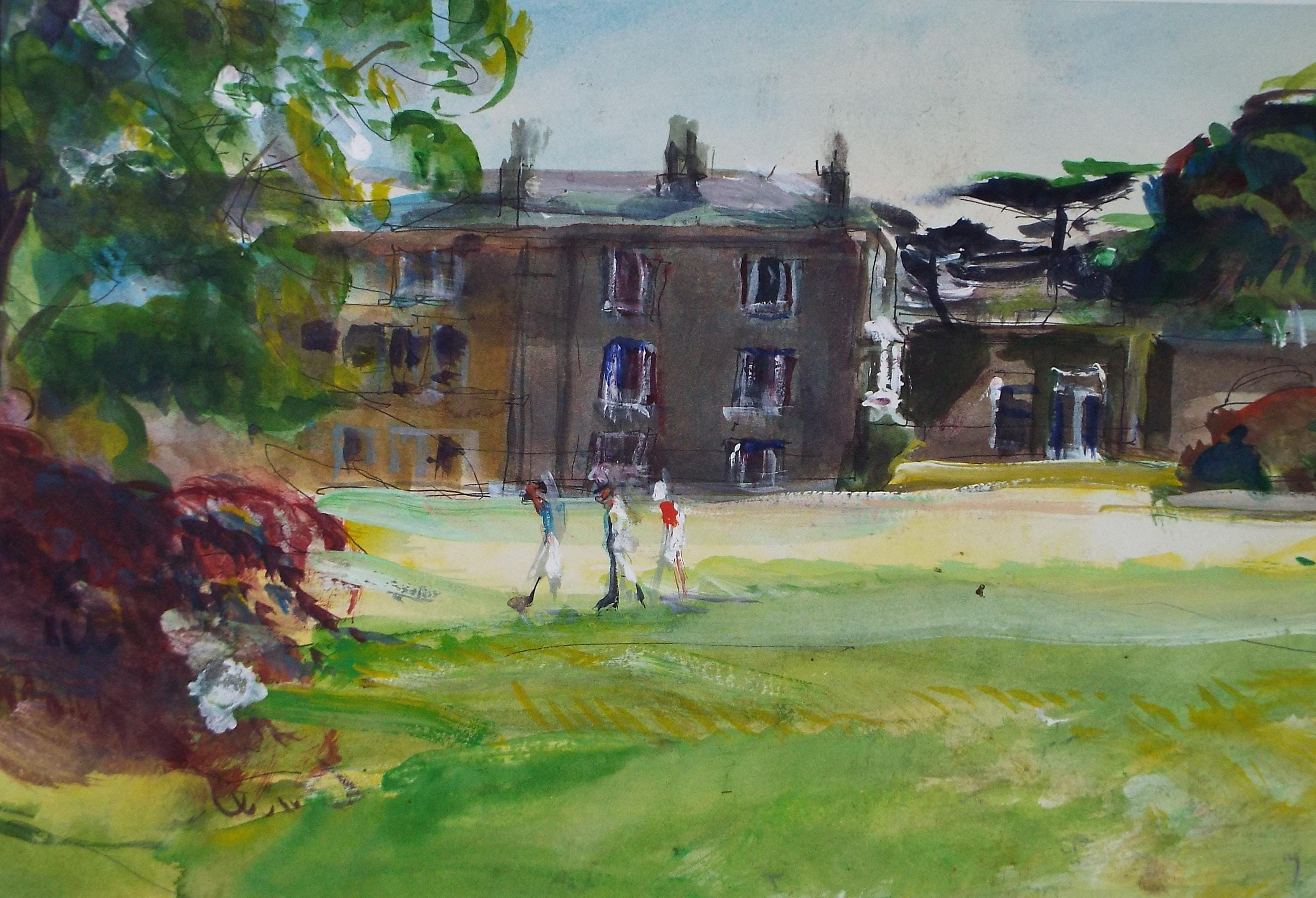Original Watercolour & Ink, 'Stately home with figures', John Gilbey Bowes (1929-2011), Circa 1990's