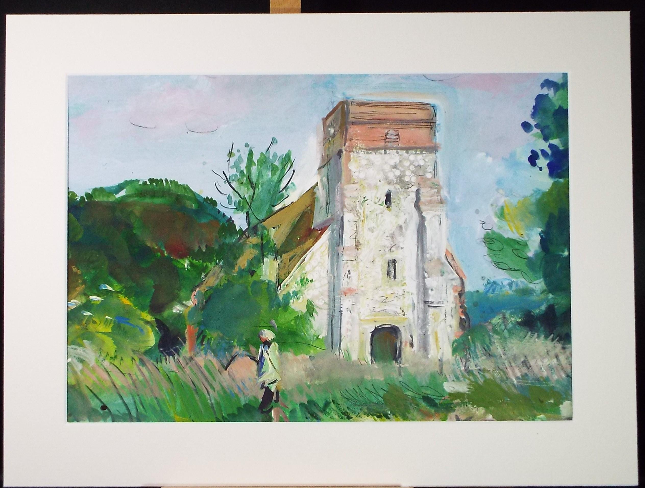 Watercolour and Gouache, 'Figure before a Church', John Gilbey Bowes (1929-2011), Circa 1990's