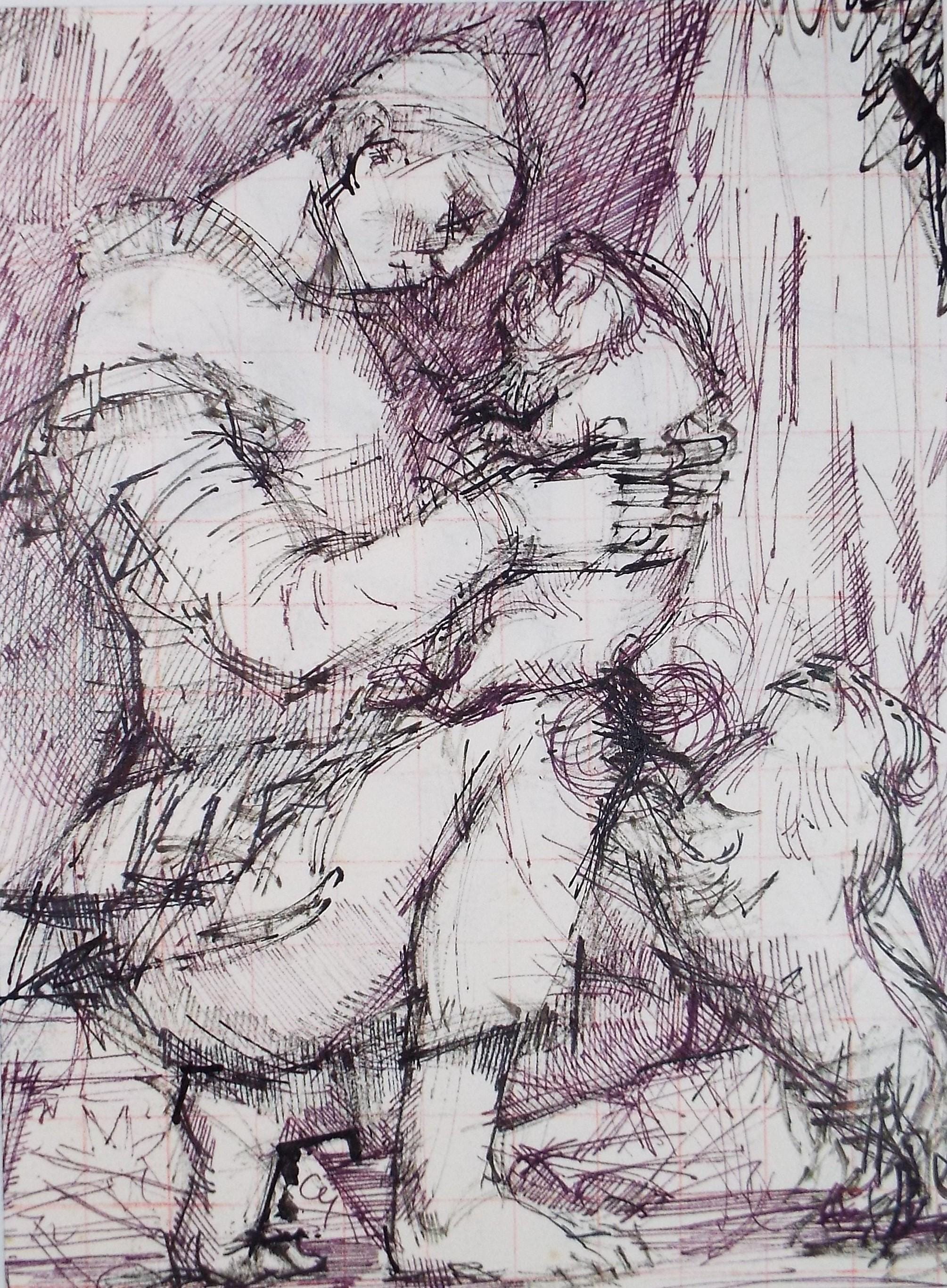 Original ink drawing, 'Figure with Dogs', c1990s,Alice Mary Fitzpayne (b.1928)