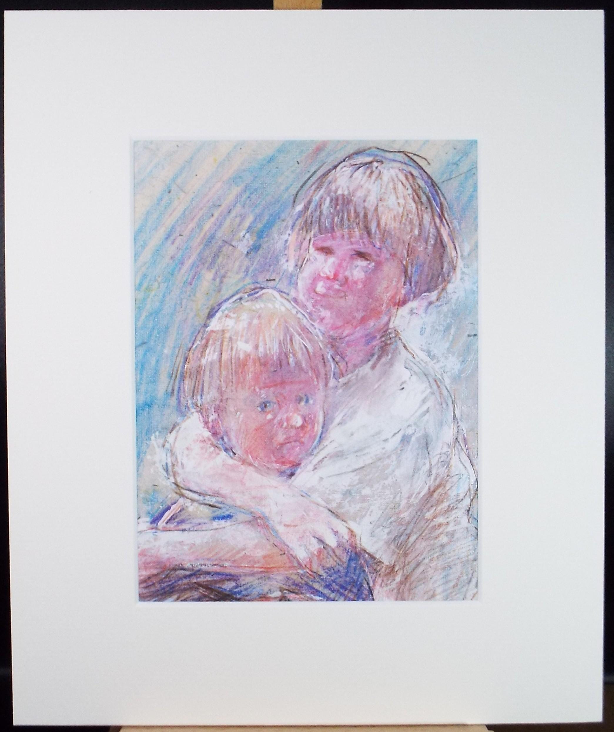 Original mixed media,'Two Children', circa 1990's, John Gilbey Bowles (1929-2011)