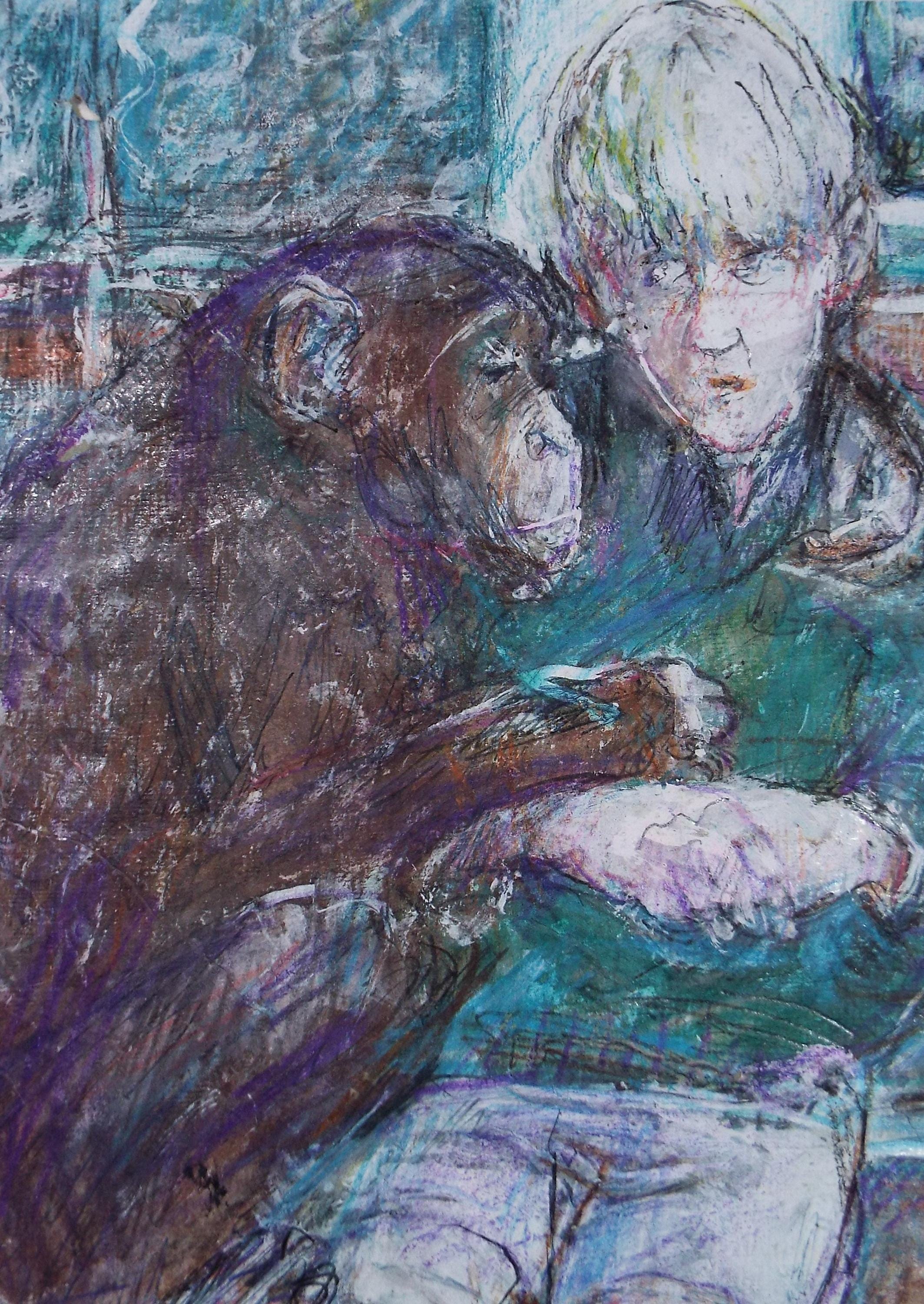Original mixed media,'Boy with Chimpanzee', circa 1990's, John Gilbey Bowles (1929-2011)