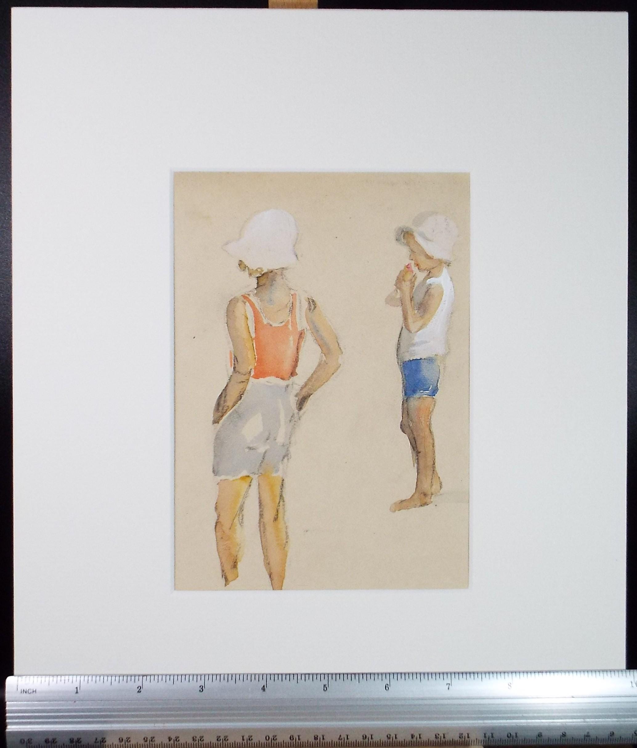 Original Watercolour, 'Children on the beach', circa 1930's, Artist Unknown