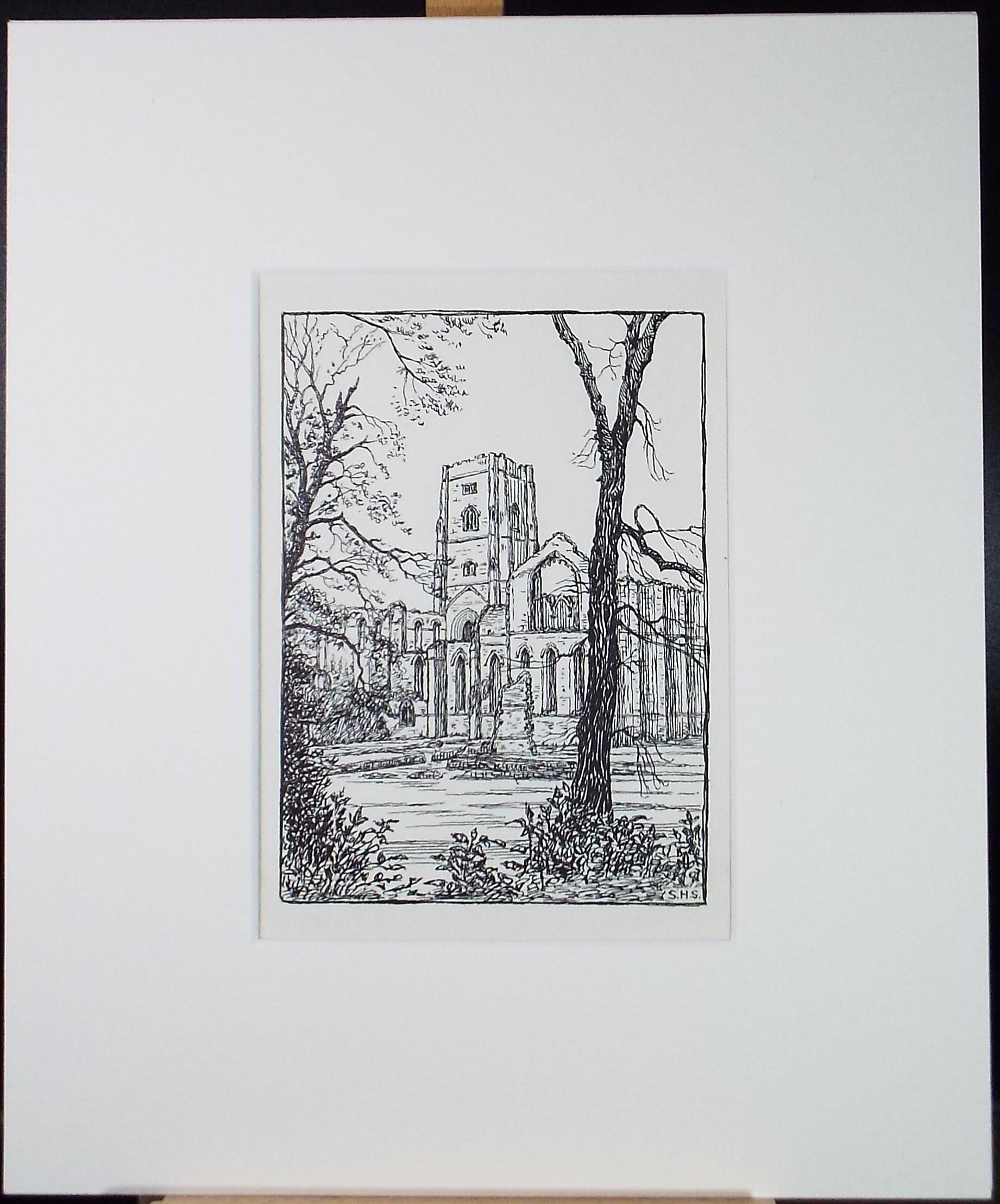 Original Pen & ink Sketch, 'Fountains Abbey', S A Southern, circa 1910