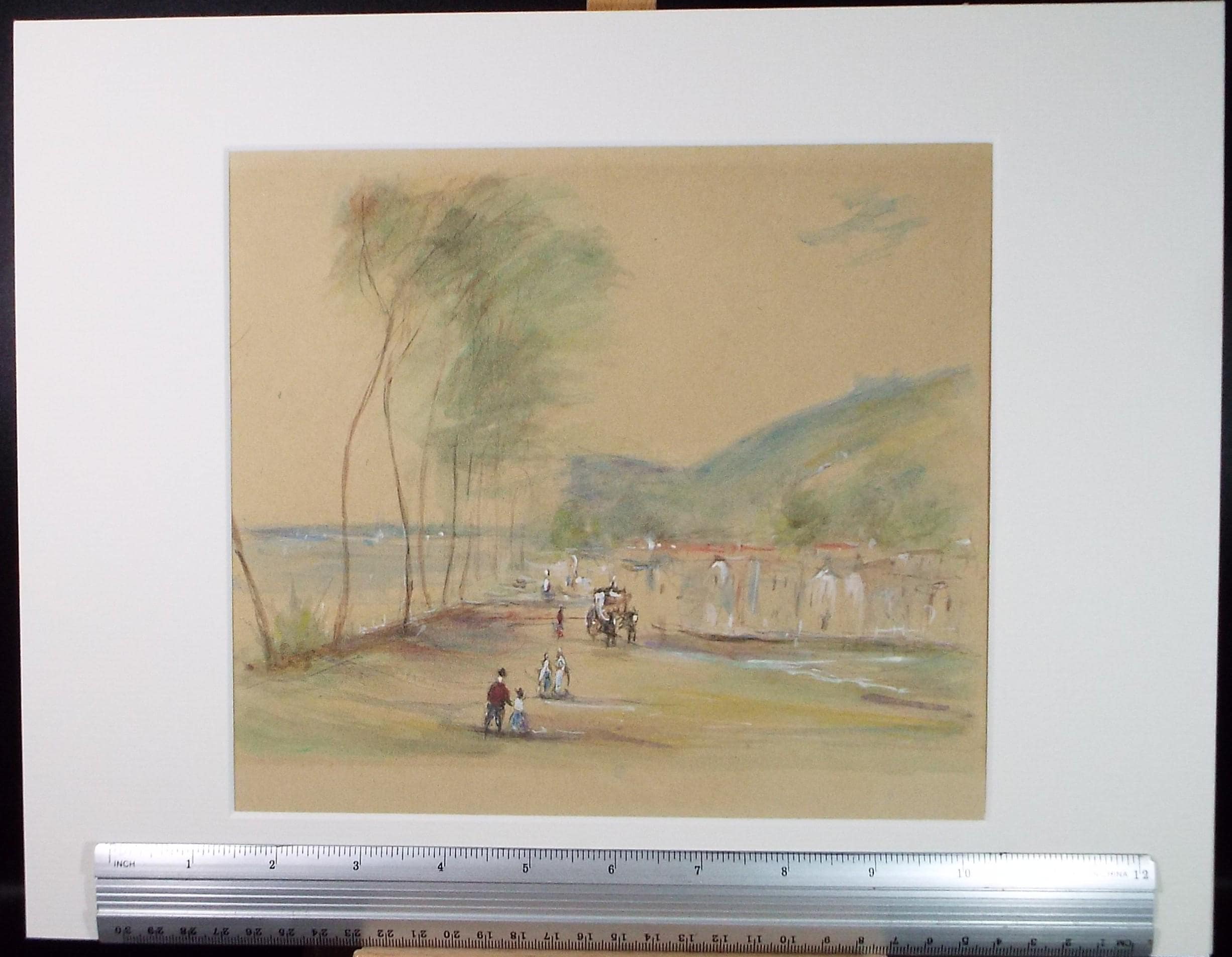 Watercolour, 'Figures and carriages by the river', Unknown artist, Circa 1900