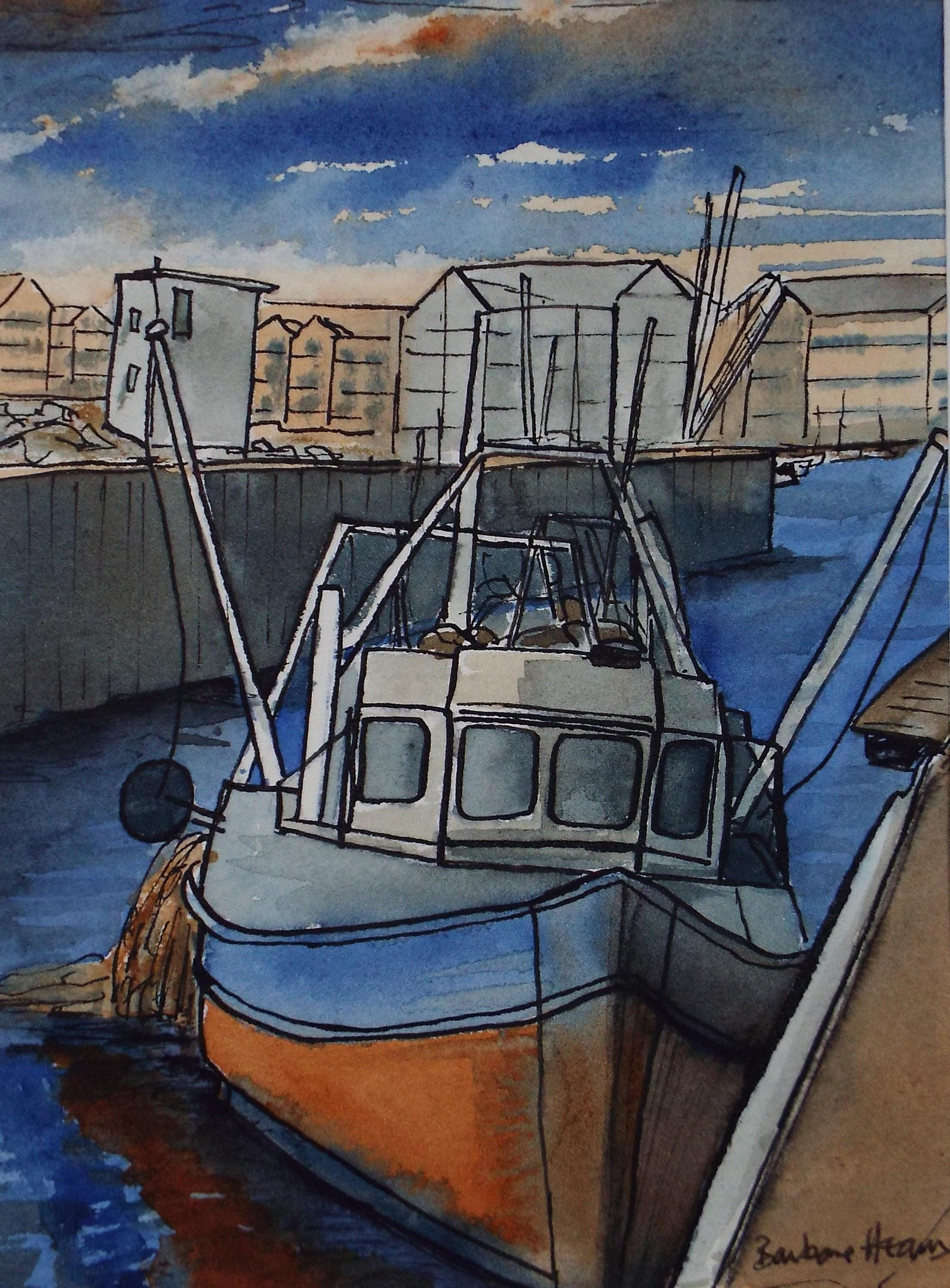 Original Watercolour, 'Fishing boat in the Harbour', Circa 1990's, Barbara Heam
