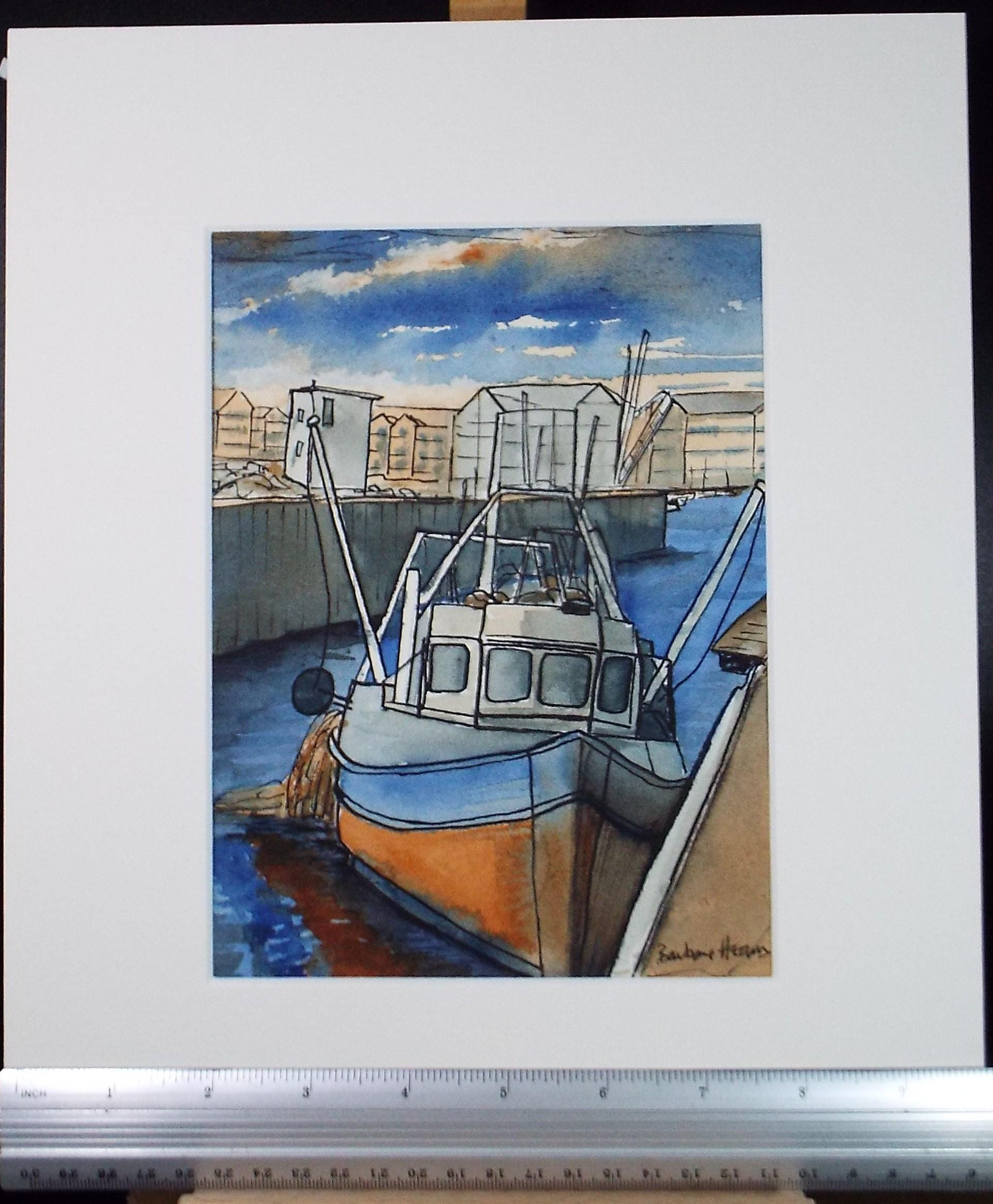 Original Watercolour, 'Fishing boat in the Harbour', Circa 1990's, Barbara Heam