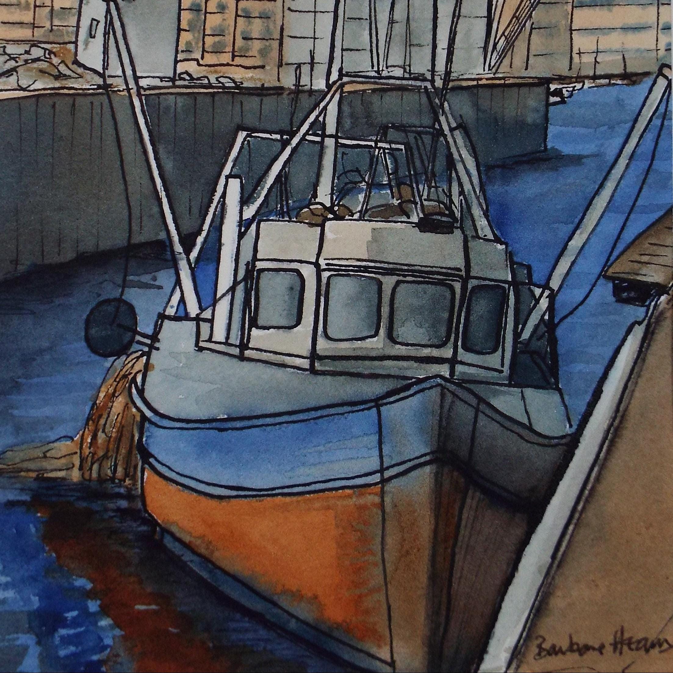 Original Watercolour, 'Fishing boat in the Harbour', Circa 1990's, Barbara Heam
