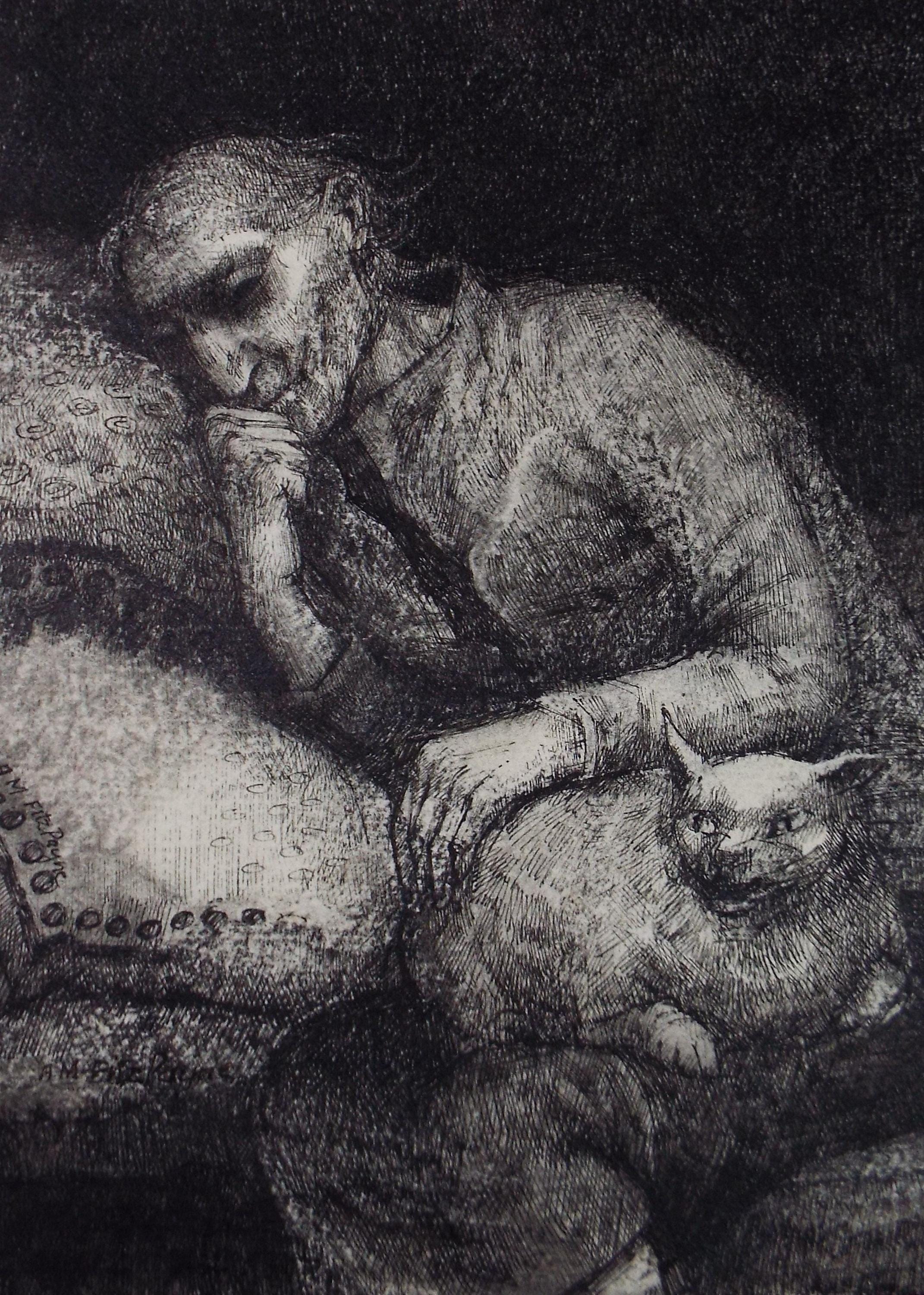 Original Pen & ink drawing, 'Man with a Cat', c1990s,Alice Mary Fitzpayne (b.1928)