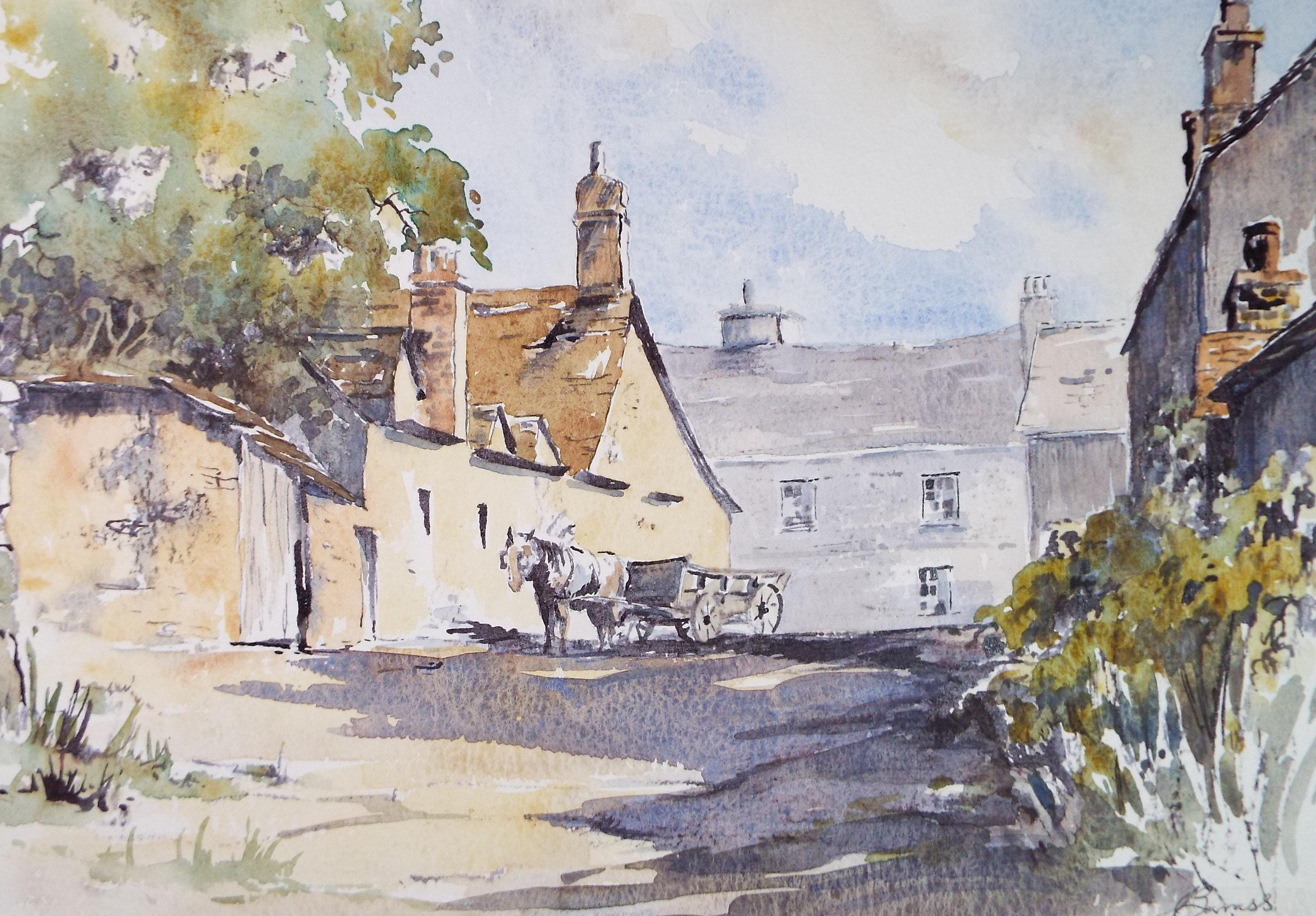Original Watercolour, 'Village street with horse & cart', signed Barrass, circa 1970's
