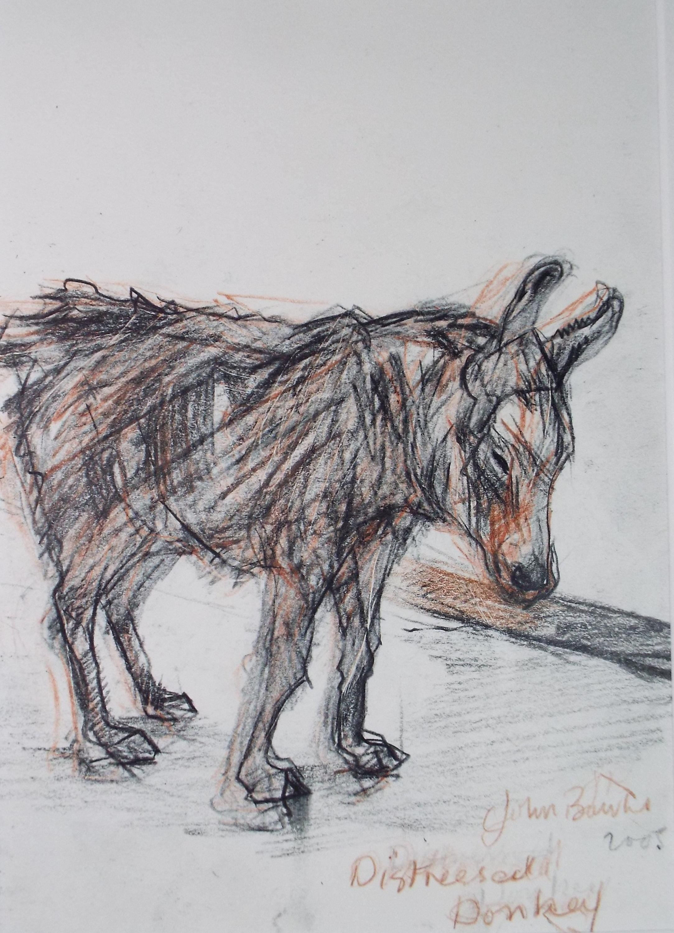 Original coloured pencil,'Distressed Donkey', 2005, John Gilbey Bowles (1929-2011)