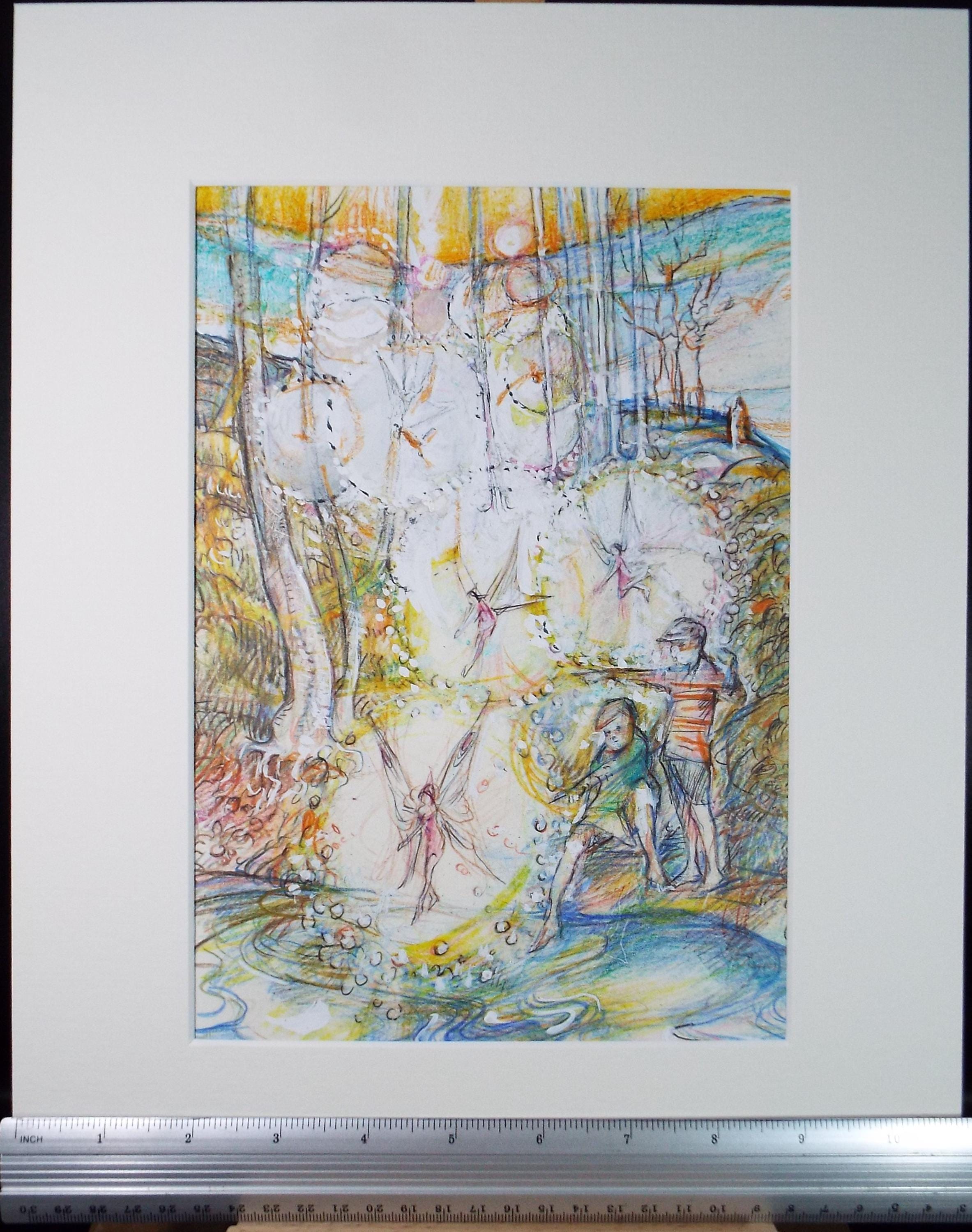 Original coloured pencil & Gouache,'Childen by a fairy pool', 2005, John Gilbey Bowles (1929-2011)