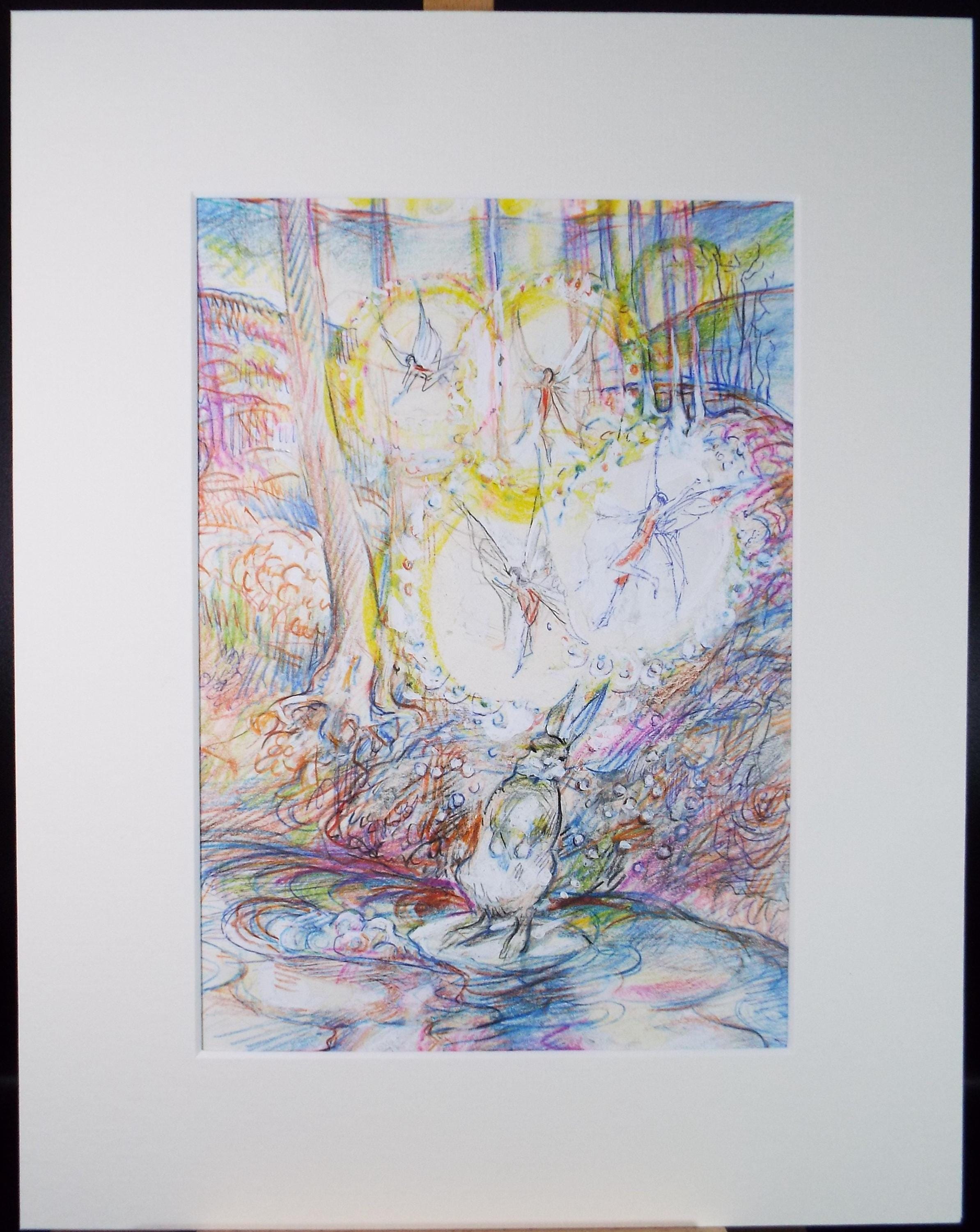 Original coloured pencil & Gouache,'Rabbit by a fairy pool', 2005, John Gilbey Bowles (1929-2011)