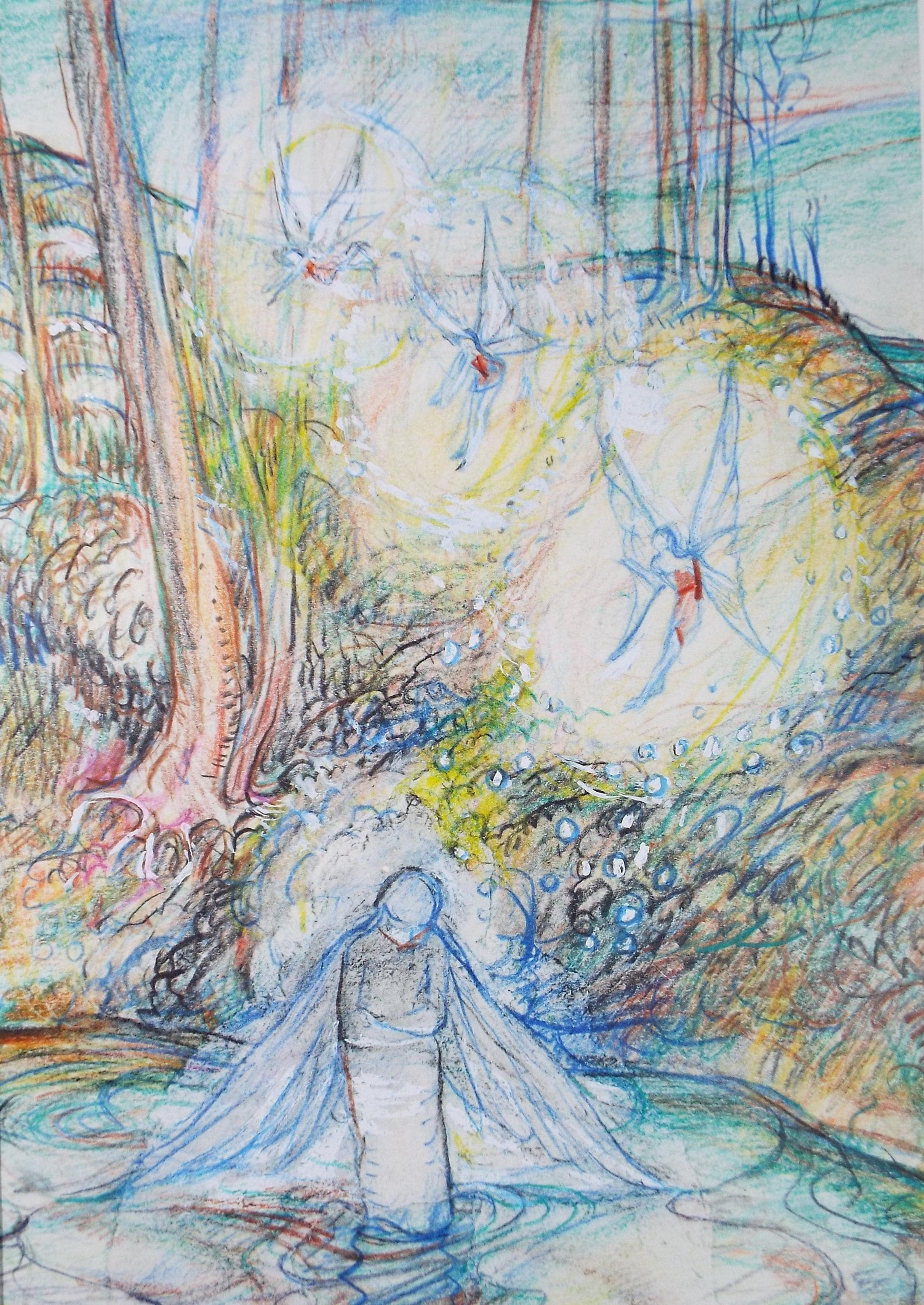 Original coloured pencil & Gouache,'Angel by a fairy pool', 2005, John Gilbey Bowles (1929-2011)