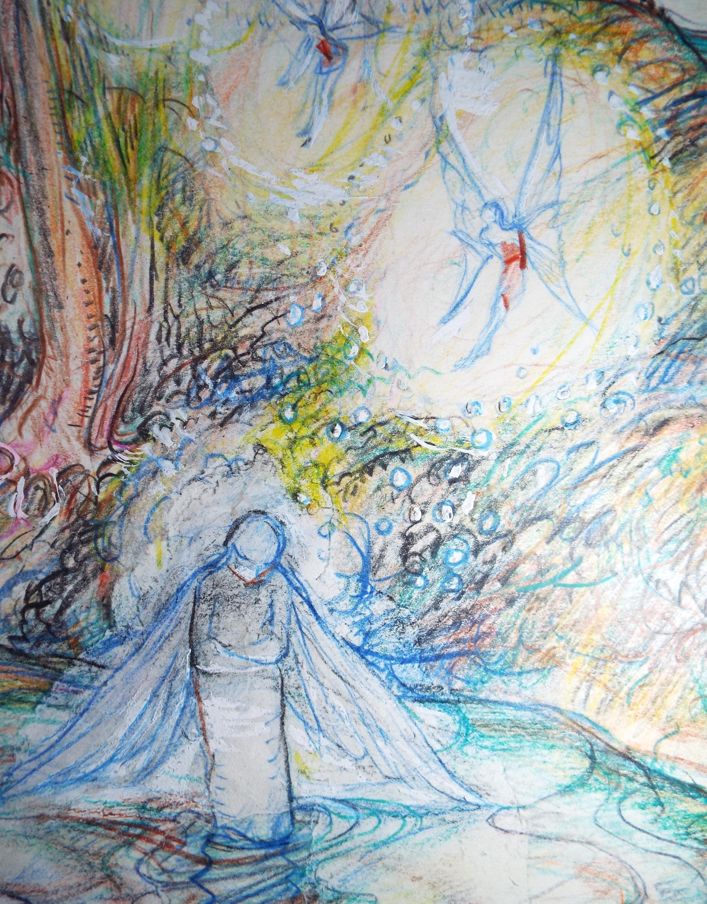 Original coloured pencil & Gouache,'Angel by a fairy pool', 2005, John Gilbey Bowles (1929-2011)