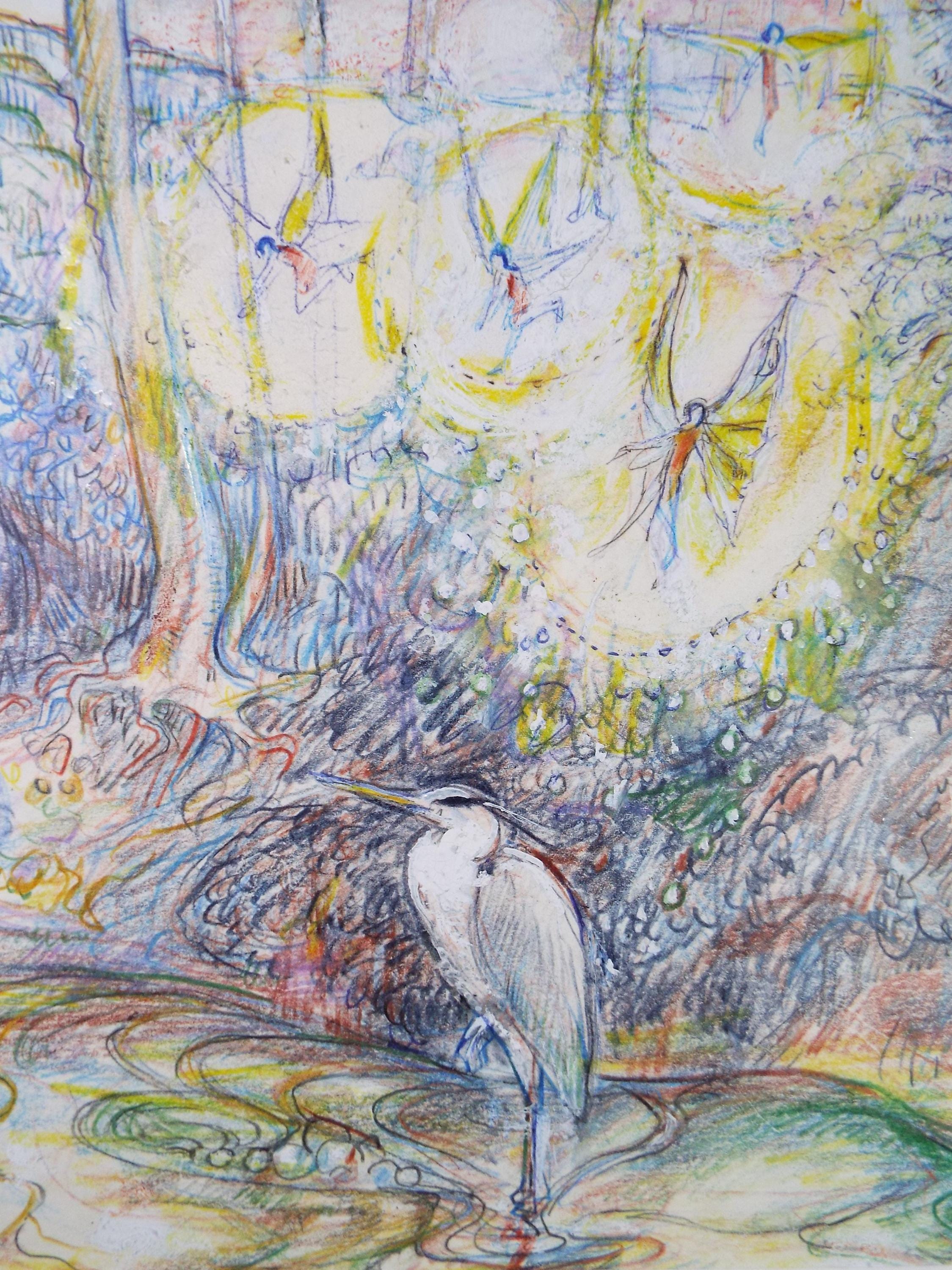 Original coloured pencil & Gouache,'Heron by a fairy pool', 2005, John Gilbey Bowles (1929-2011)