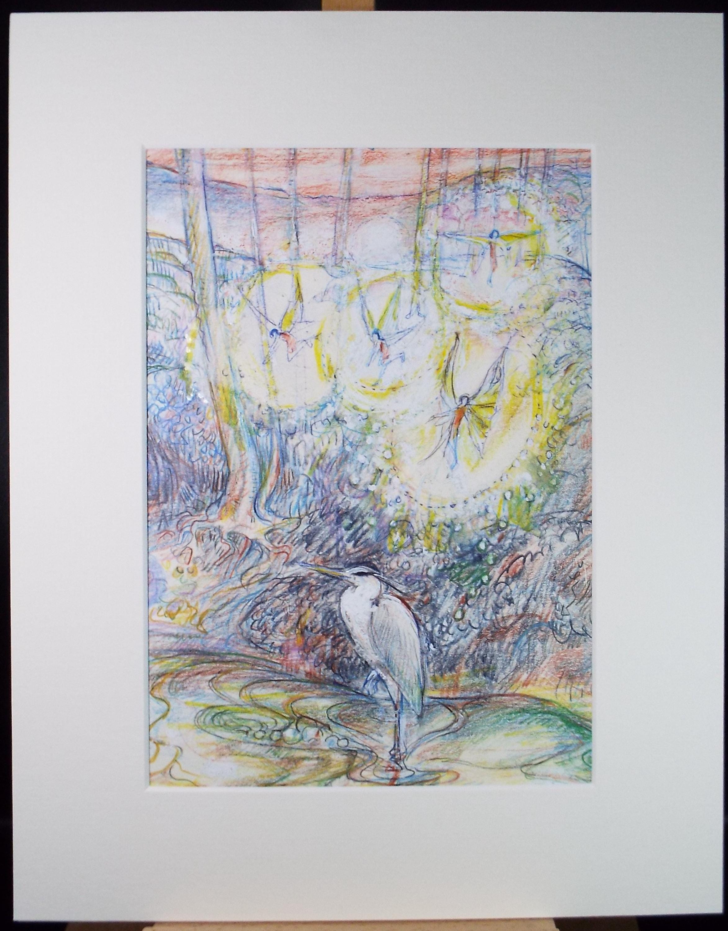 Original coloured pencil & Gouache,'Heron by a fairy pool', 2005, John Gilbey Bowles (1929-2011)