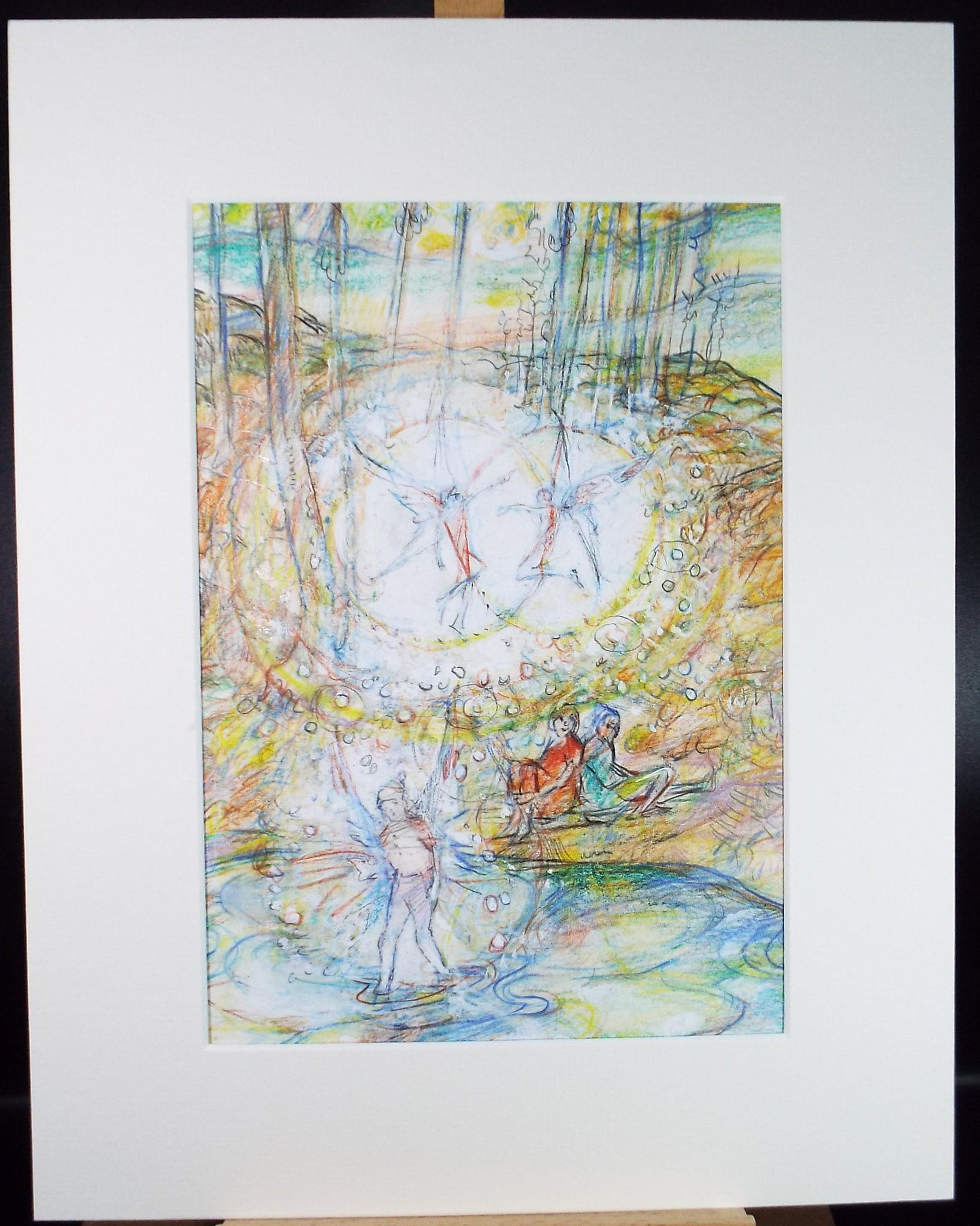 Original coloured pencil & Gouache,'Childen by a fairy pool', 2005, John Gilbey Bowles (1929-2011)