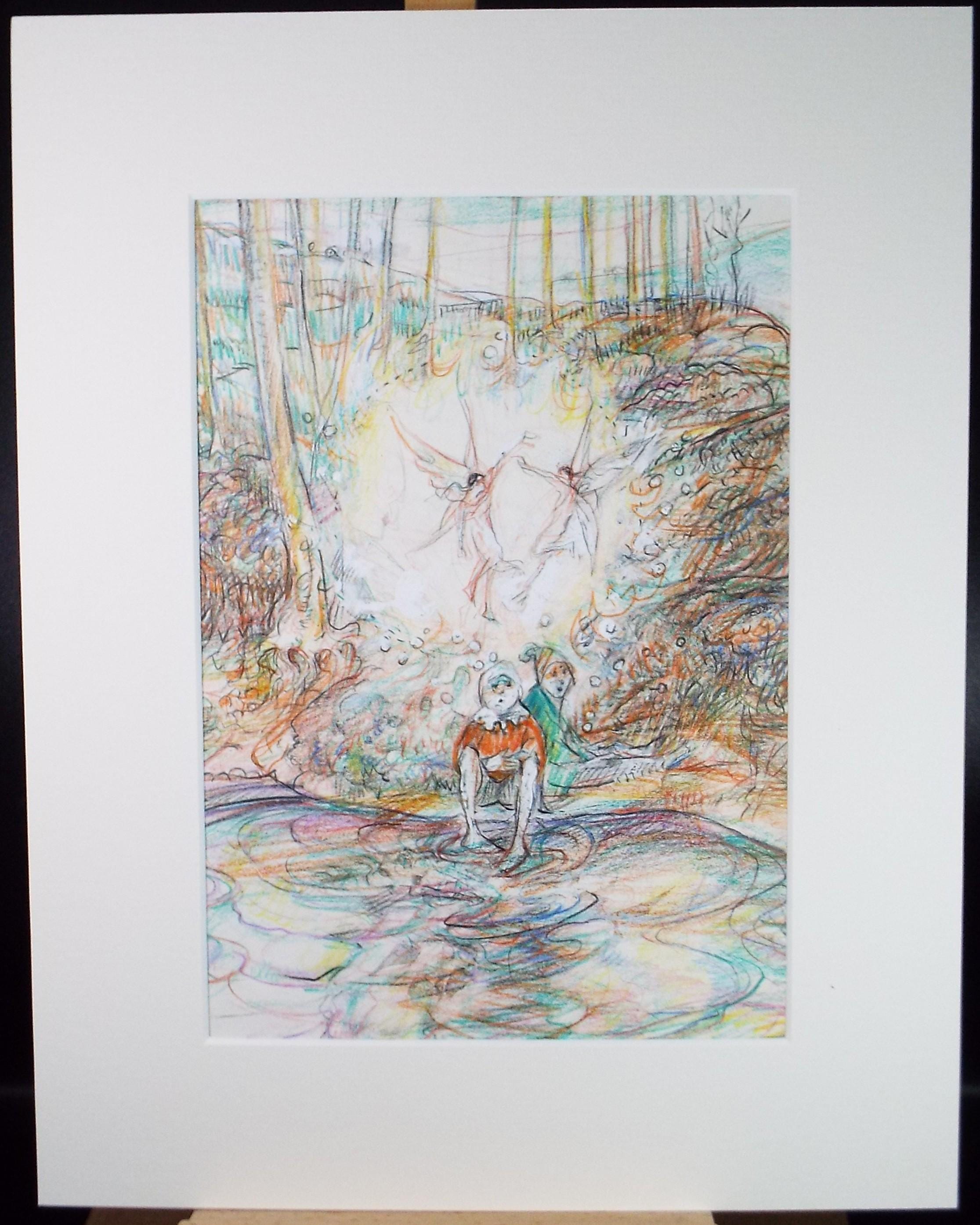 Original coloured pencil & Gouache,'Childen by a fairy pool', 2005, John Gilbey Bowles (1929-2011)