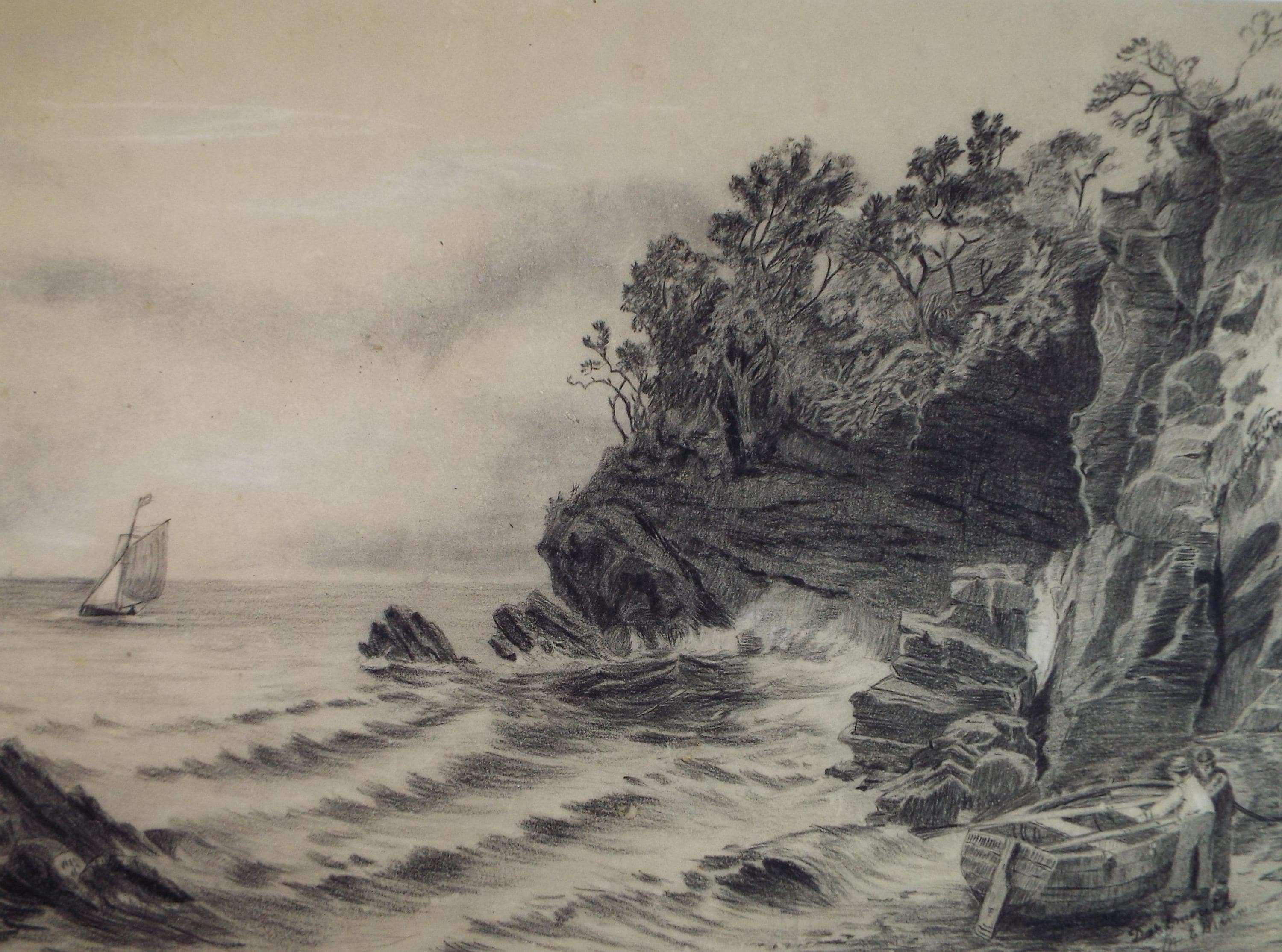 Original Pencil drawing, 'Rocky Coast with Figures', Late 19th Century, M.E Mann