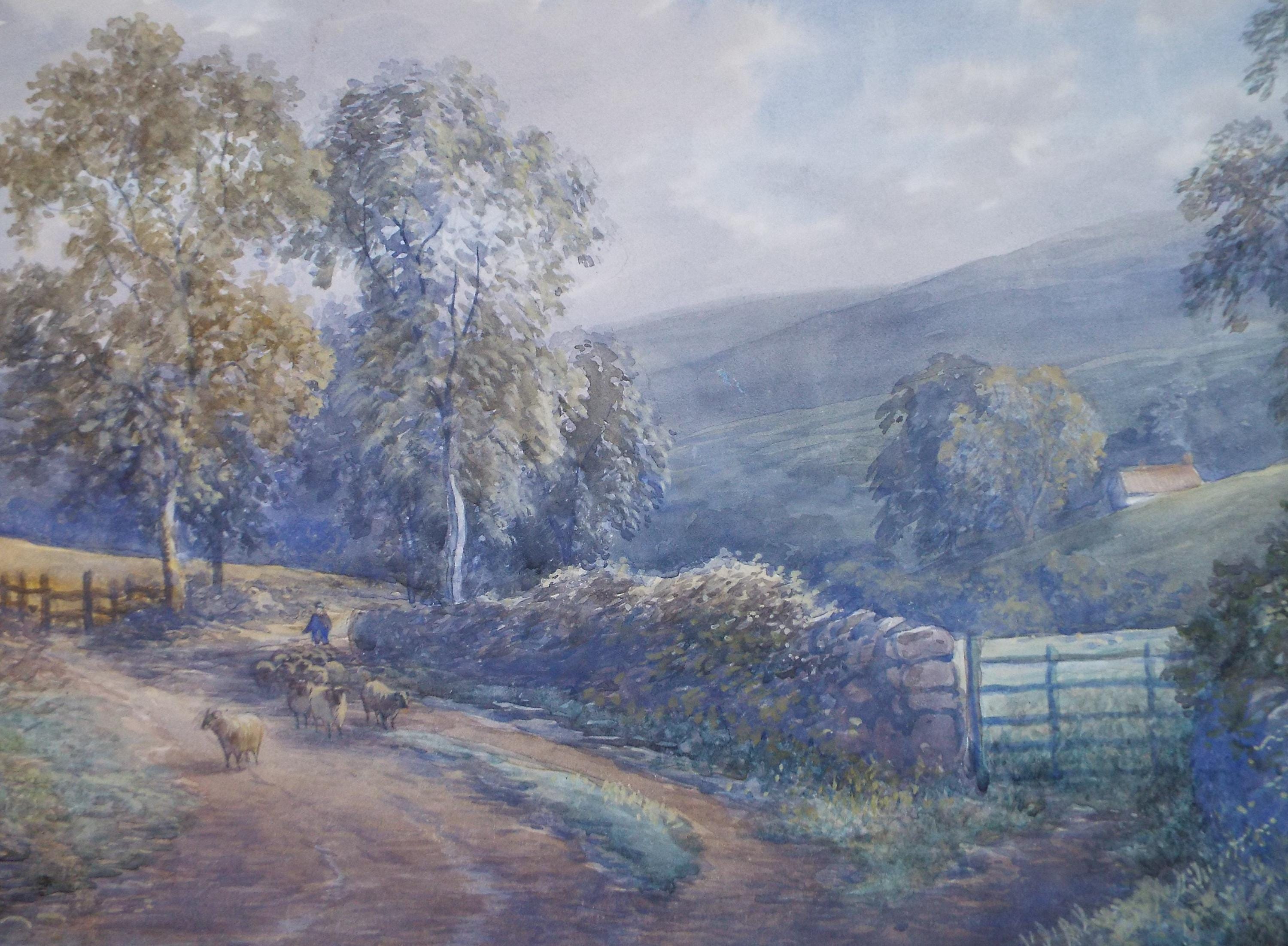Original Watercolour, 'Herding sheep', Circa 1900, Artist Unknown