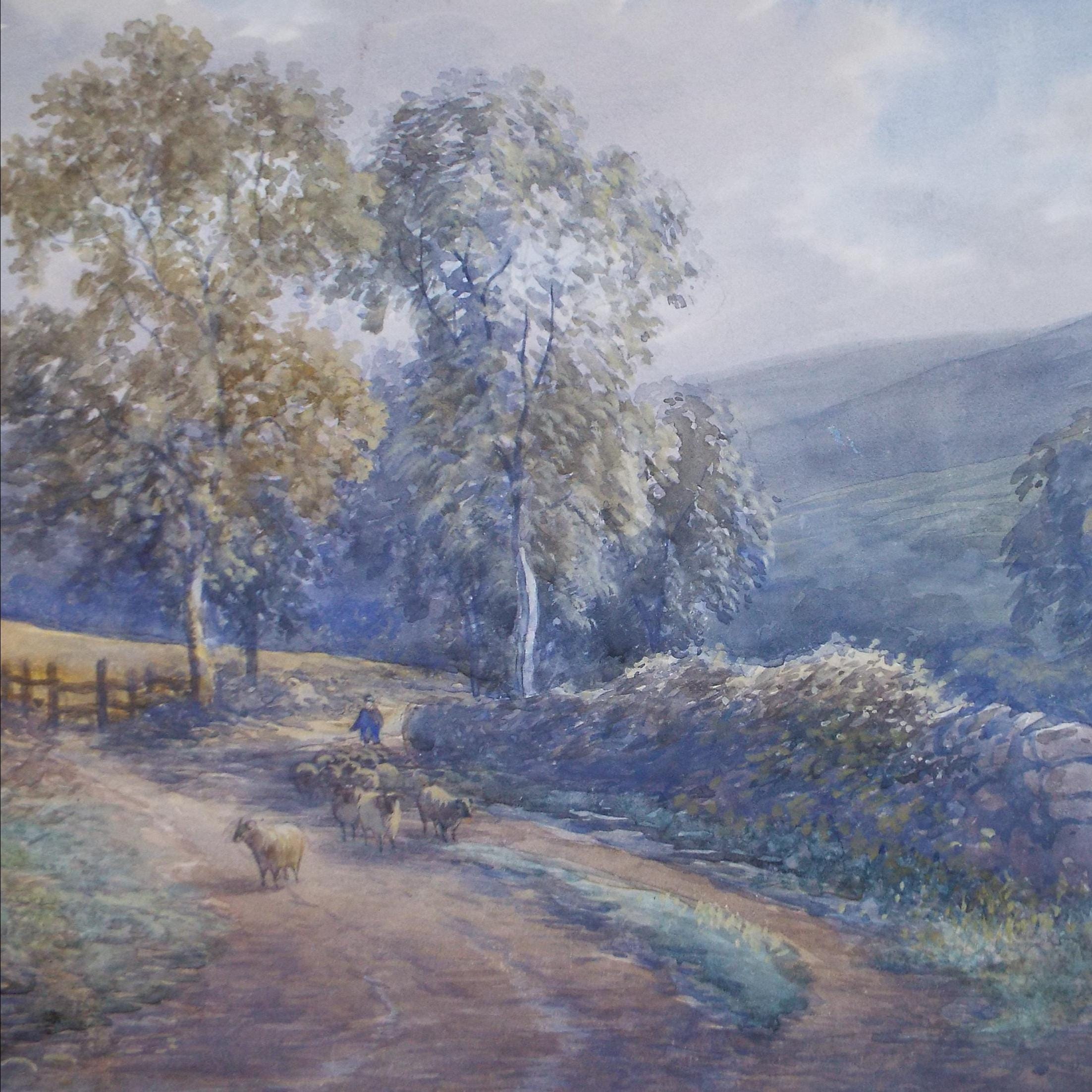 Original Watercolour, 'Herding sheep', Circa 1900, Artist Unknown