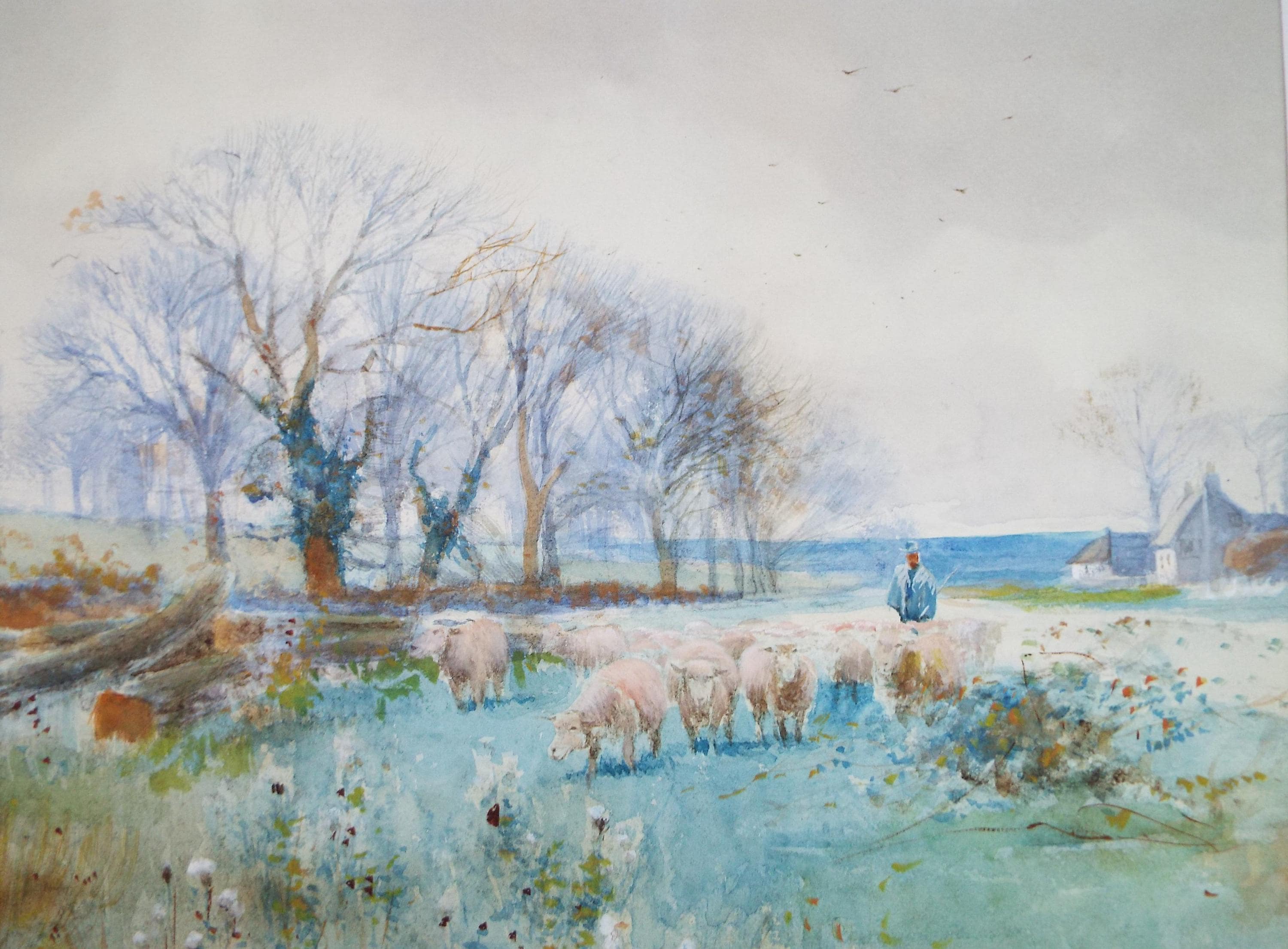 Original Watercolour, 'Herding sheep', Circa 1900, Artist Unknown