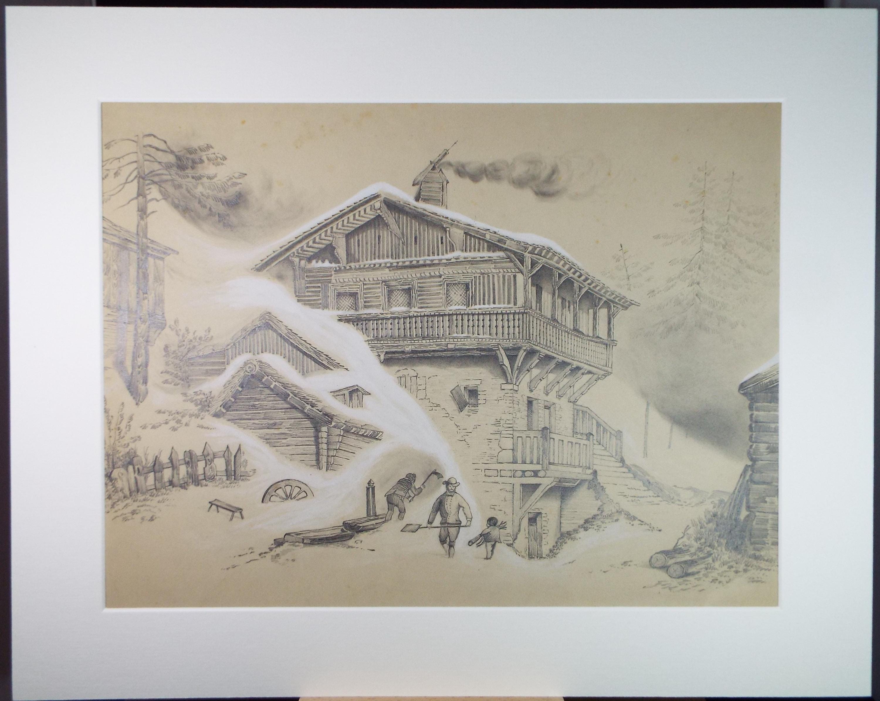Original Pencil Drawing with white, 'Alpine Chalet', Circa 1870's, Artist Unknown