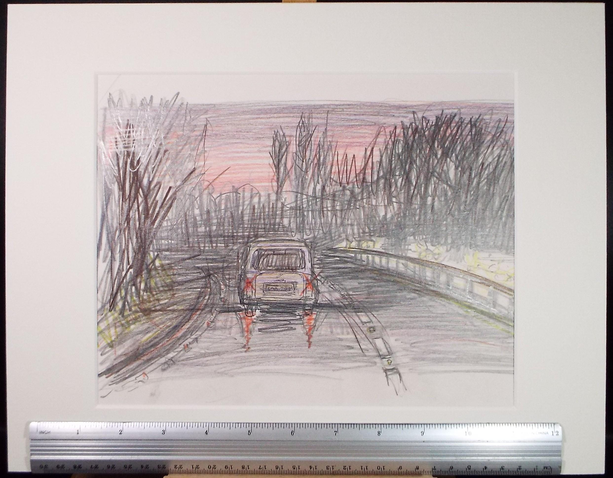 Coloured Pencil drawing 'Wet night on the Motorway', Pauline Plummer (b1933), Circa 1990's