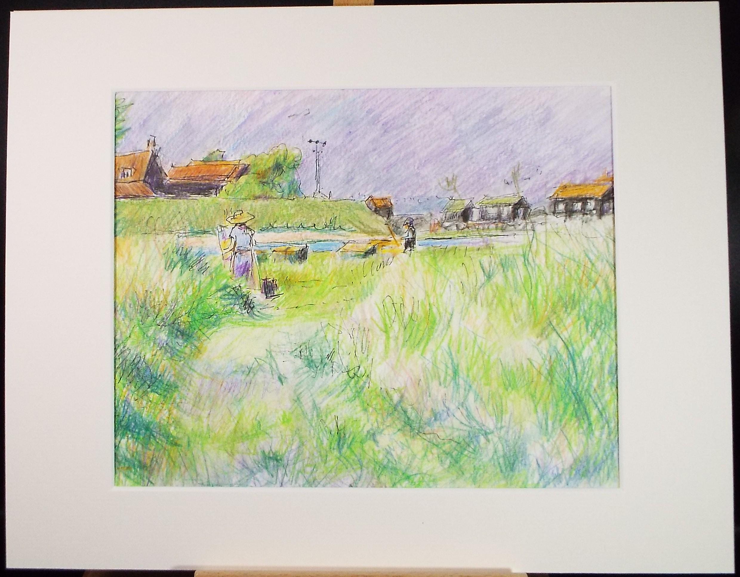 Coloured Pencil drawing 'Working the Land', Pauline Plummer (b1933), Circa 1990's