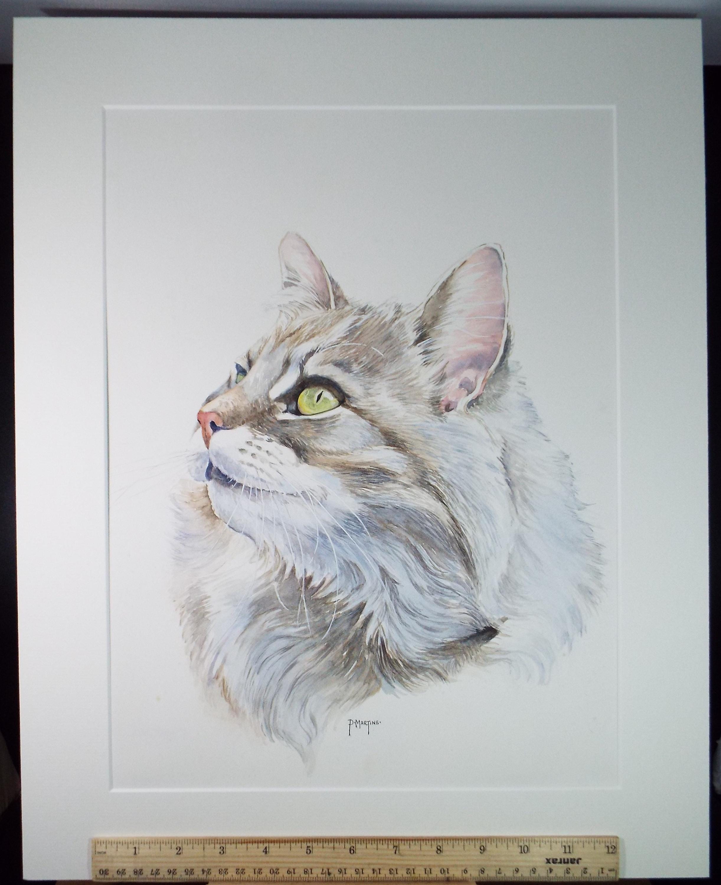 Original Watercolour, 'Sophie - Portrait of a cat',P Martins s.o.f.a, Circa 1990's